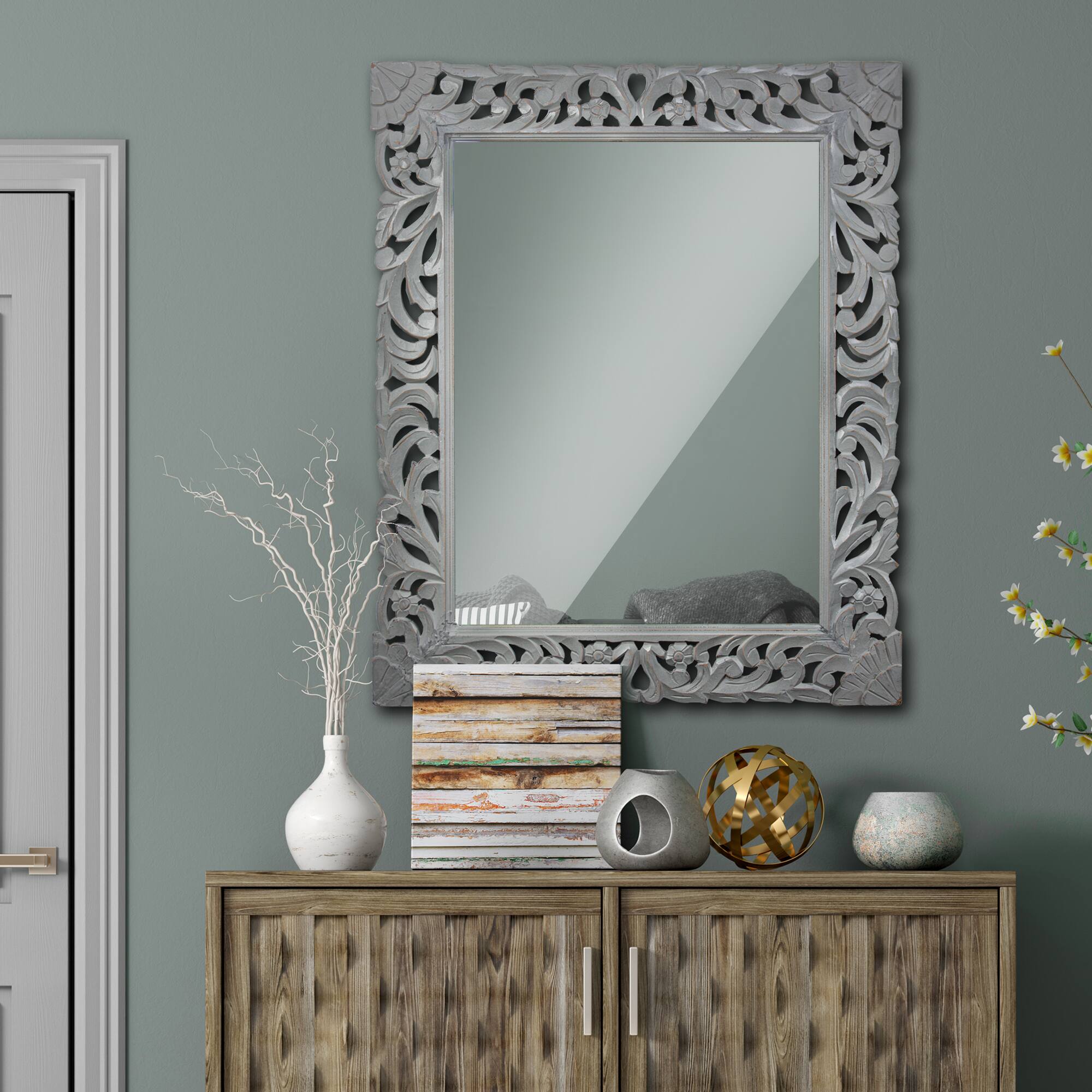 American Art D&#xE9;cor&#x2122; 31.5&#x22; Gray Hand-Carved Wood Medallion Accent Wall Mirror