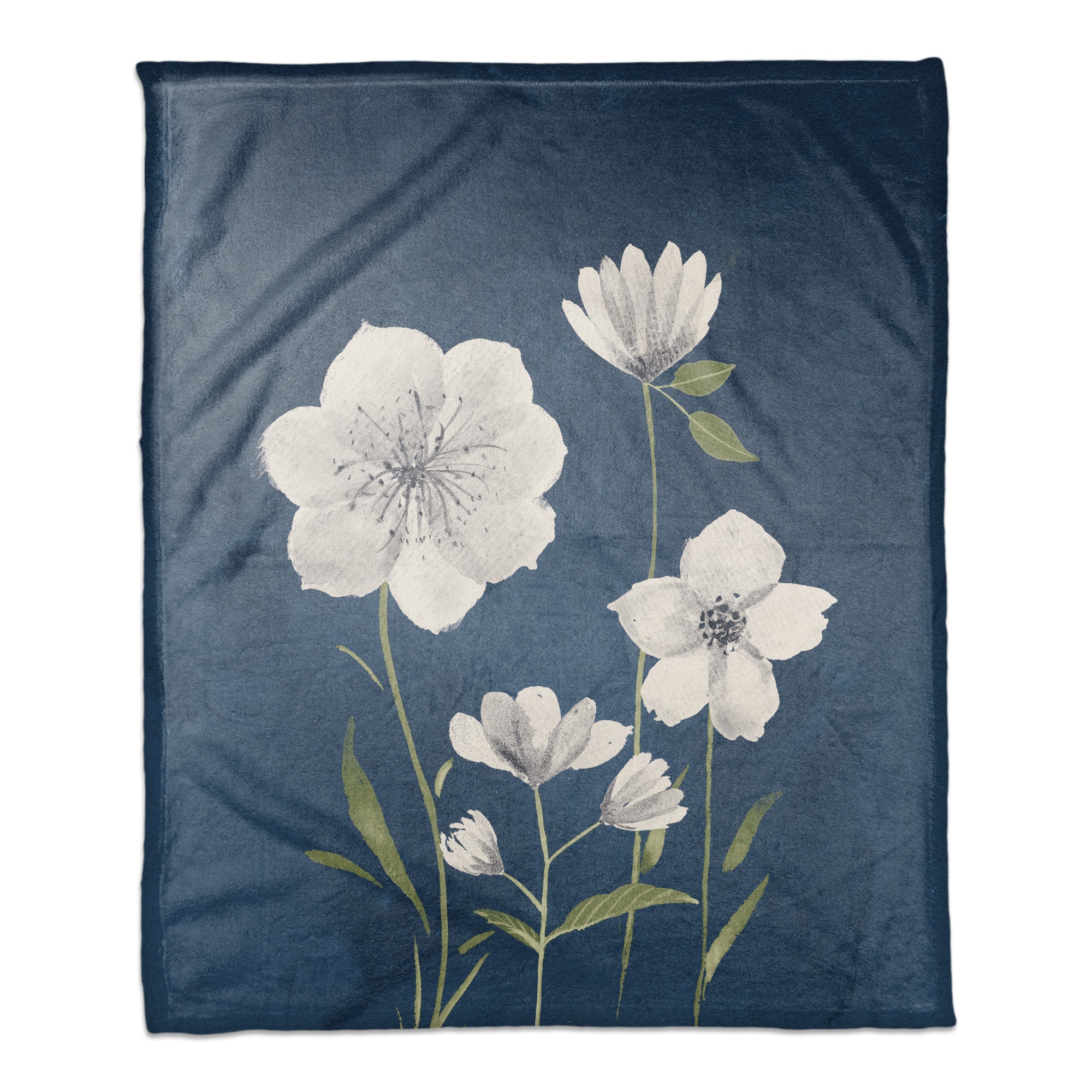 50" x 60" Bright White Flowers on Navy Coral Fleece Blanket