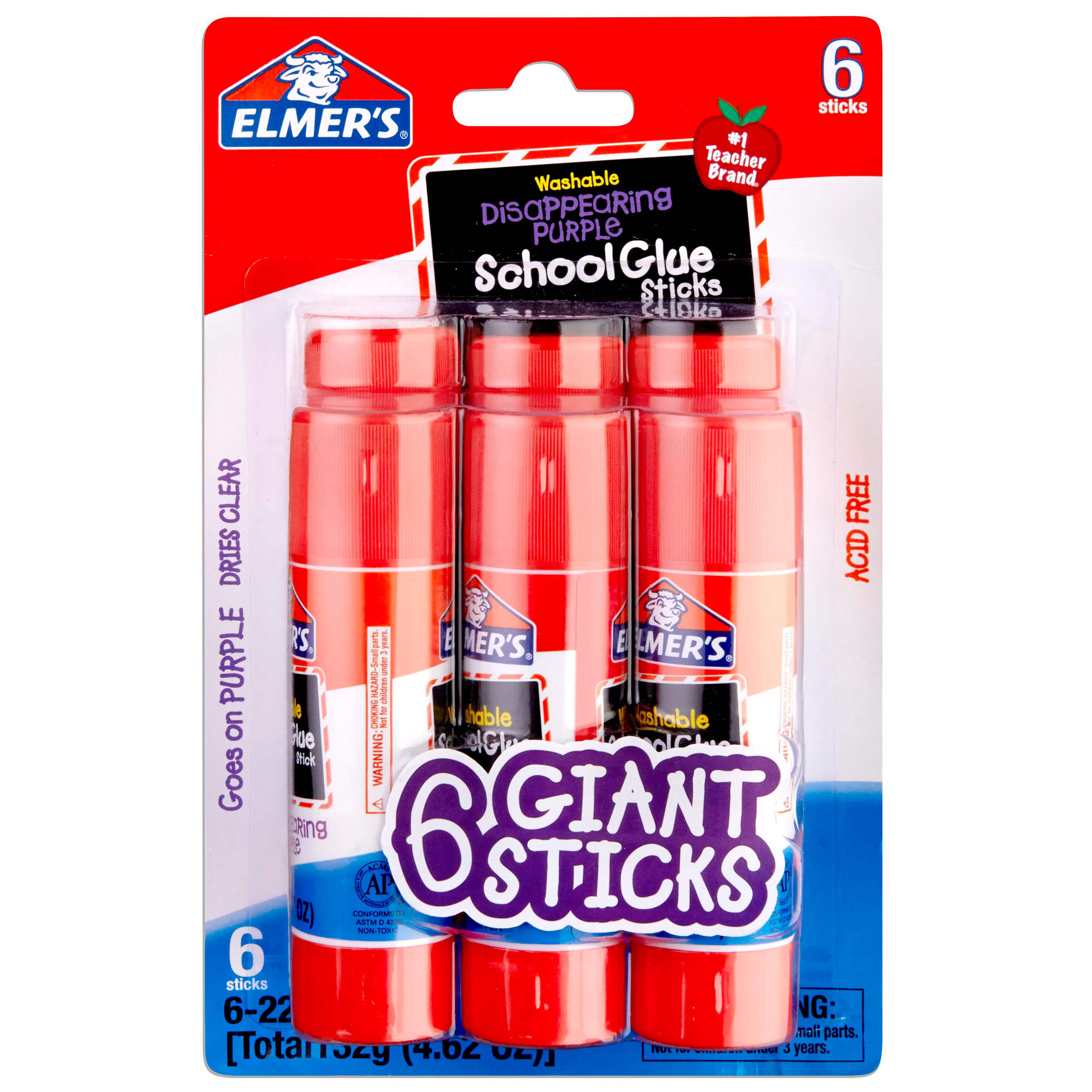 Elmer's® Giant Washable Disappearing Purple School Glue Sticks, 6ct.