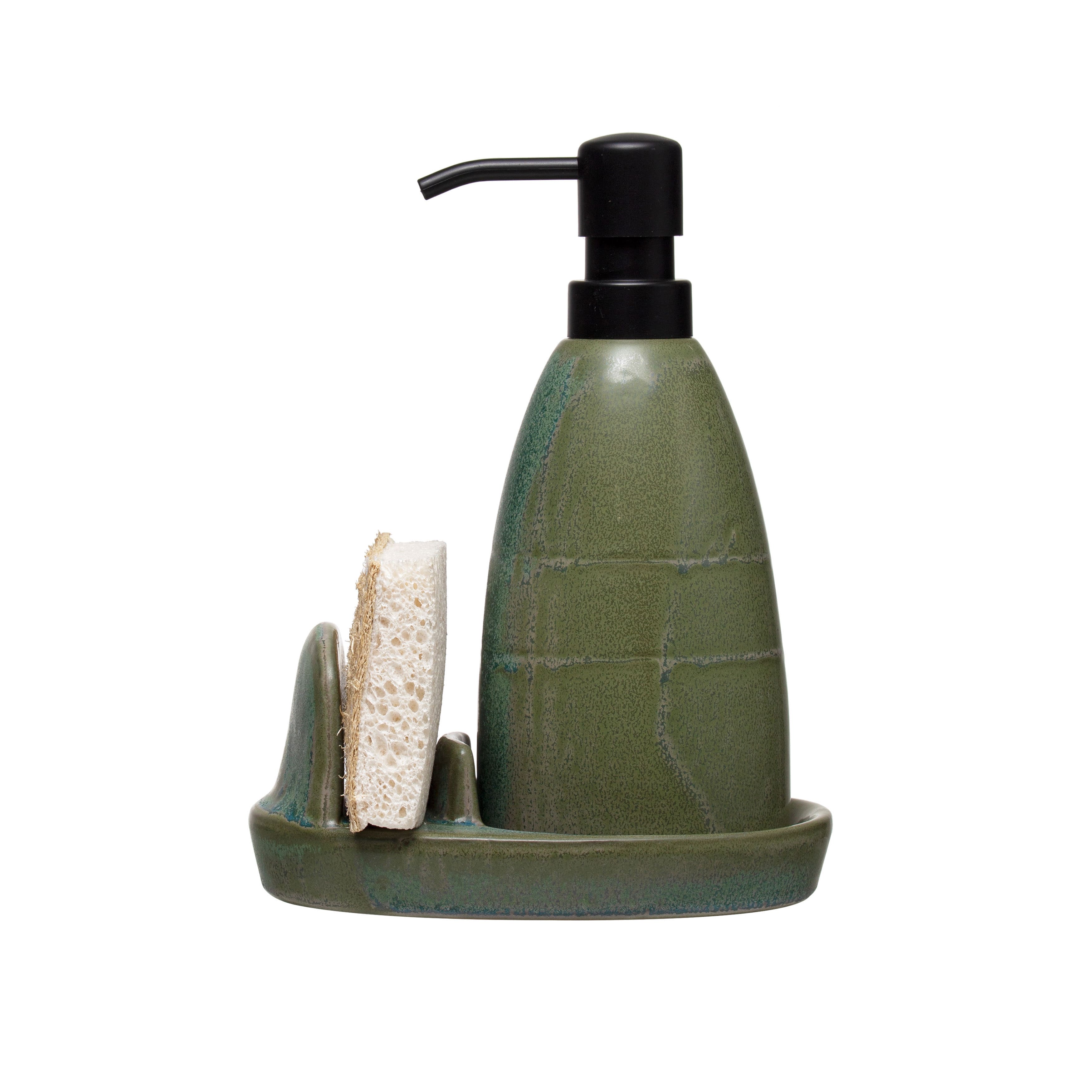 Matte Green Reactive Glaze Stoneware Soap Dispenser with Loofah & Holder Set