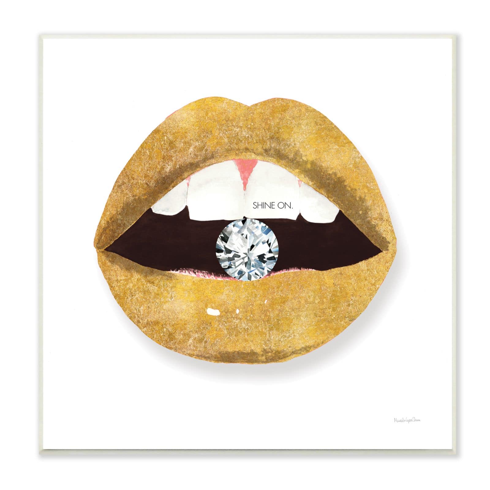 Stupell Industries Shine On Sentiment Gold Lips Glam Diamond Bite,12" x 12"