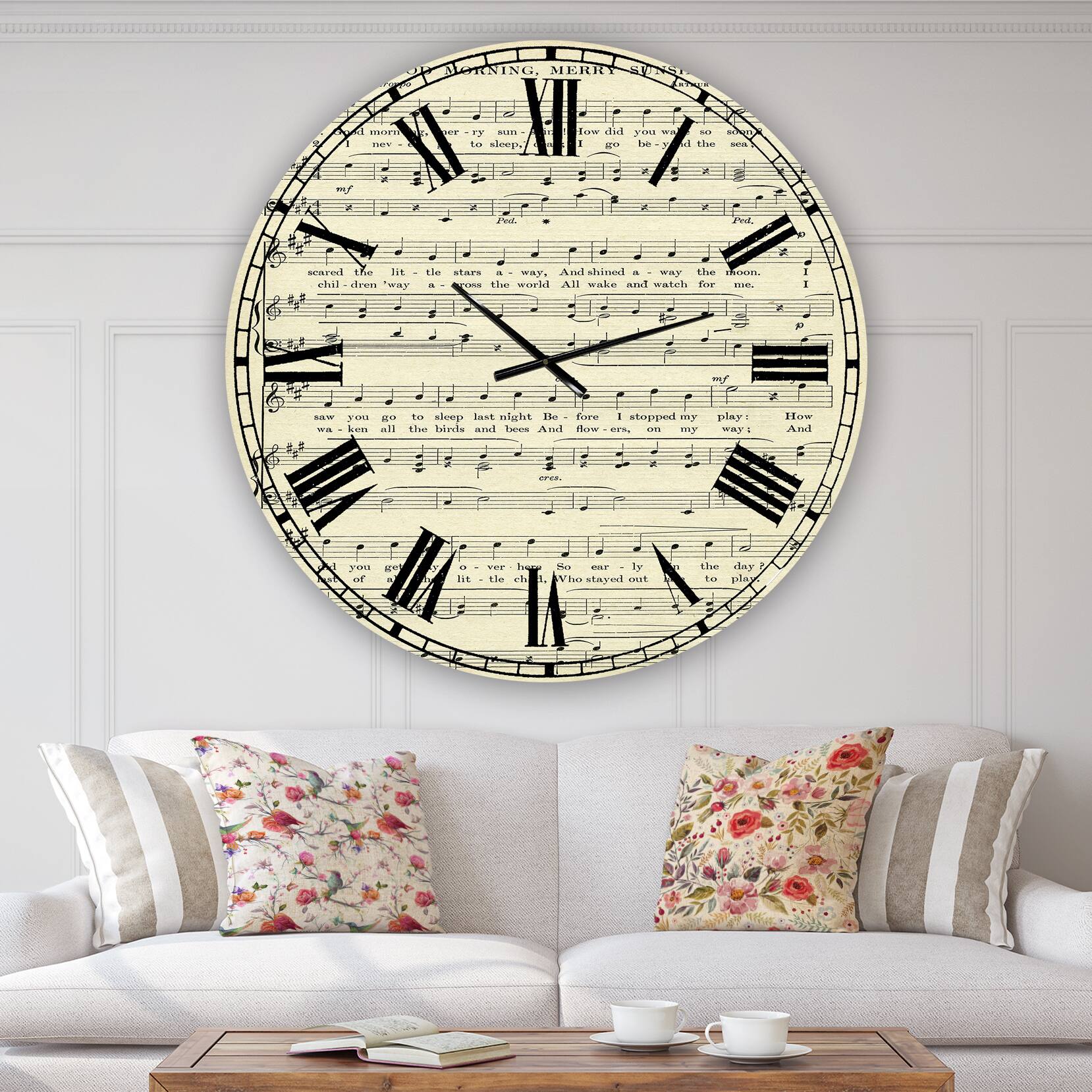 Designart 'Goodmorning Merry Sunshine Music Score Large Cottage Wall Clock