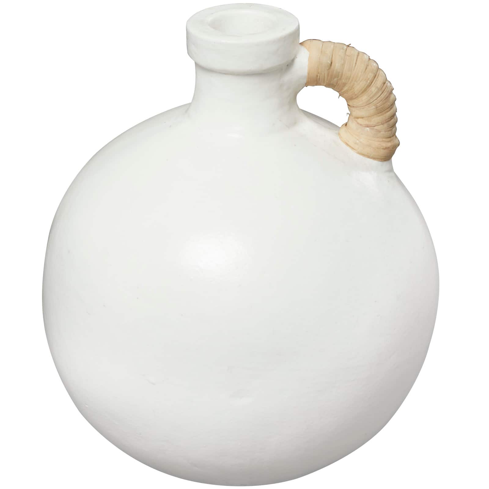 11" White Ceramic Jug Inspired Vase with Rattan Wrapped Handle