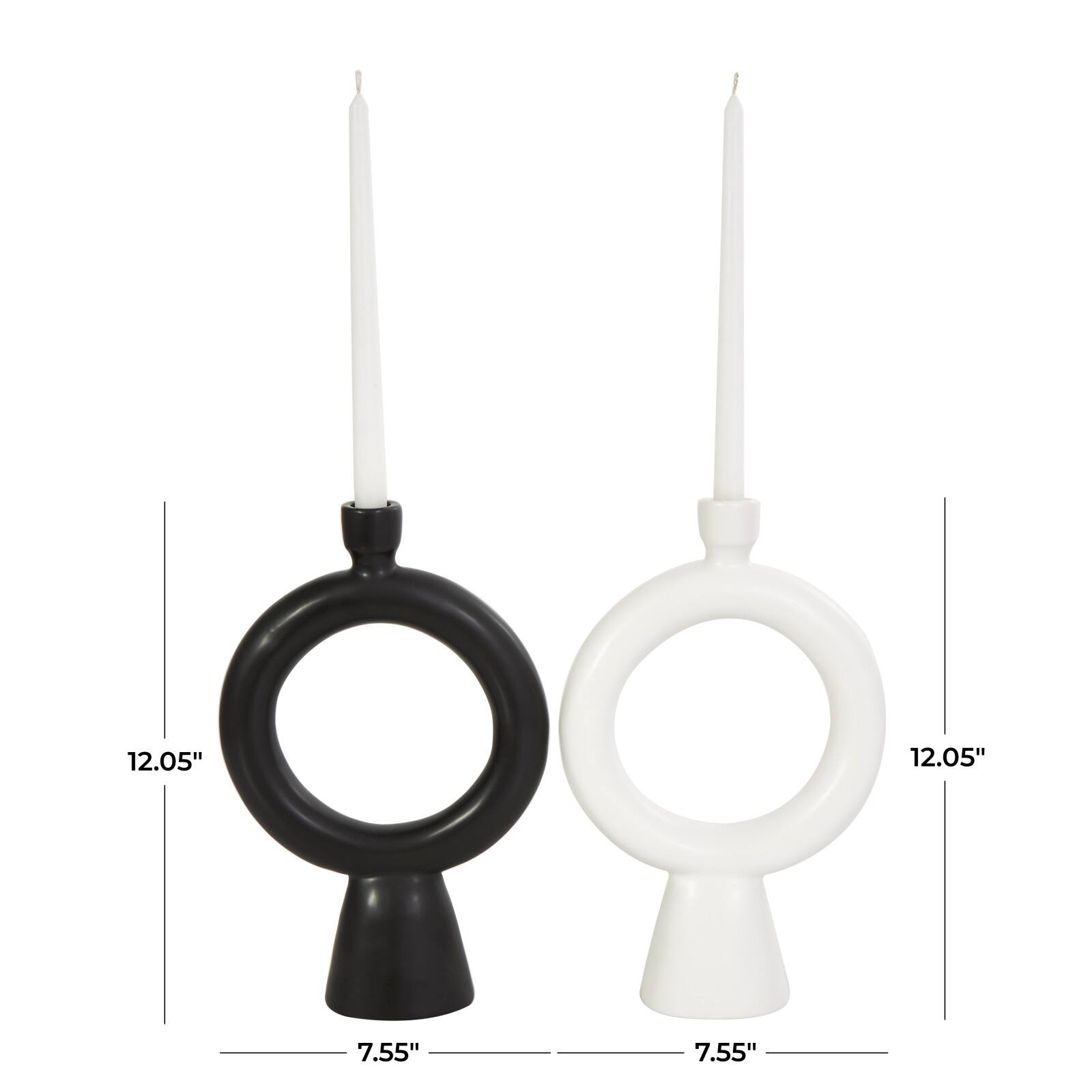 CosmoLiving by Cosmopolitan 12" Black & White Ceramic Geometric Ring Taper Candle Holder Set