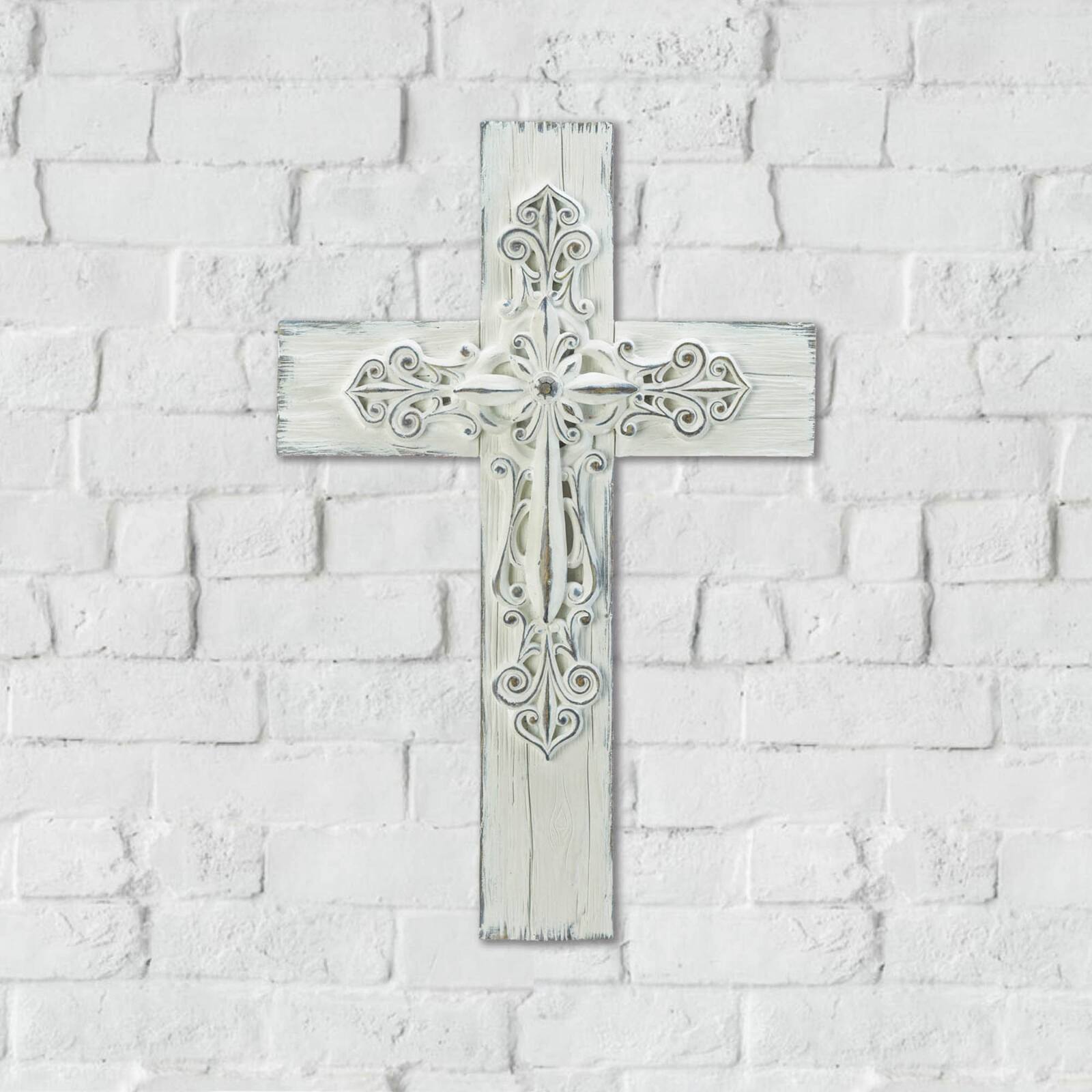 Ornate Whitewashed Cross 9&#x22; x 0.5&#x22; x 13.5&#x22;