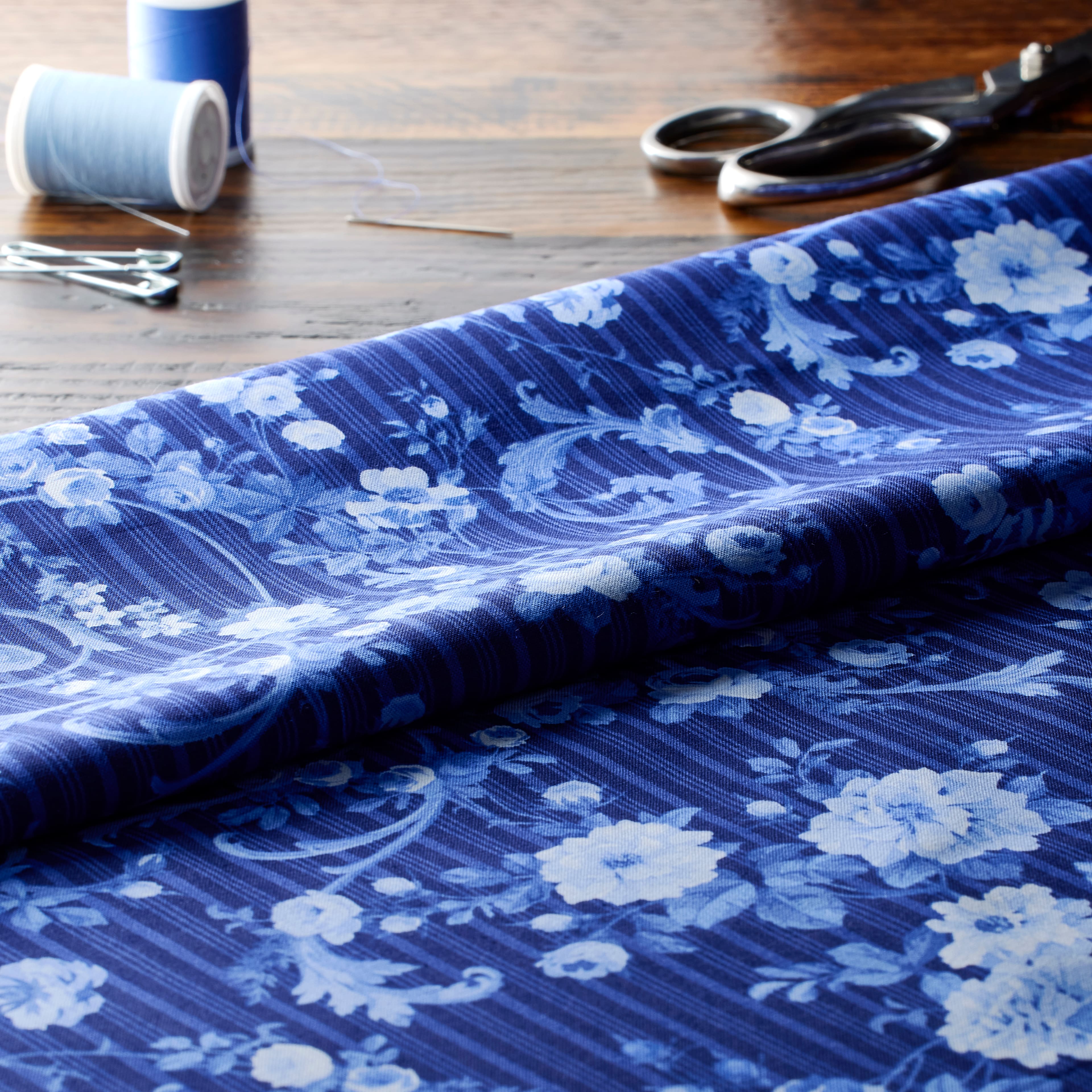 Northcott Blue Porcelain Rose Scroll Cotton Fabric