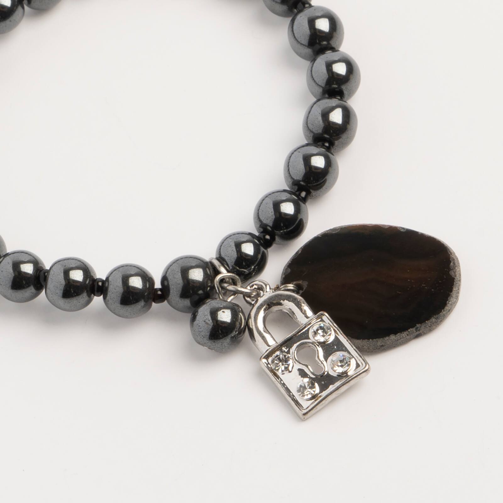 John Bead Hematite Gray Natural Stone Bracelet with Agate &#x26; Lock Charm