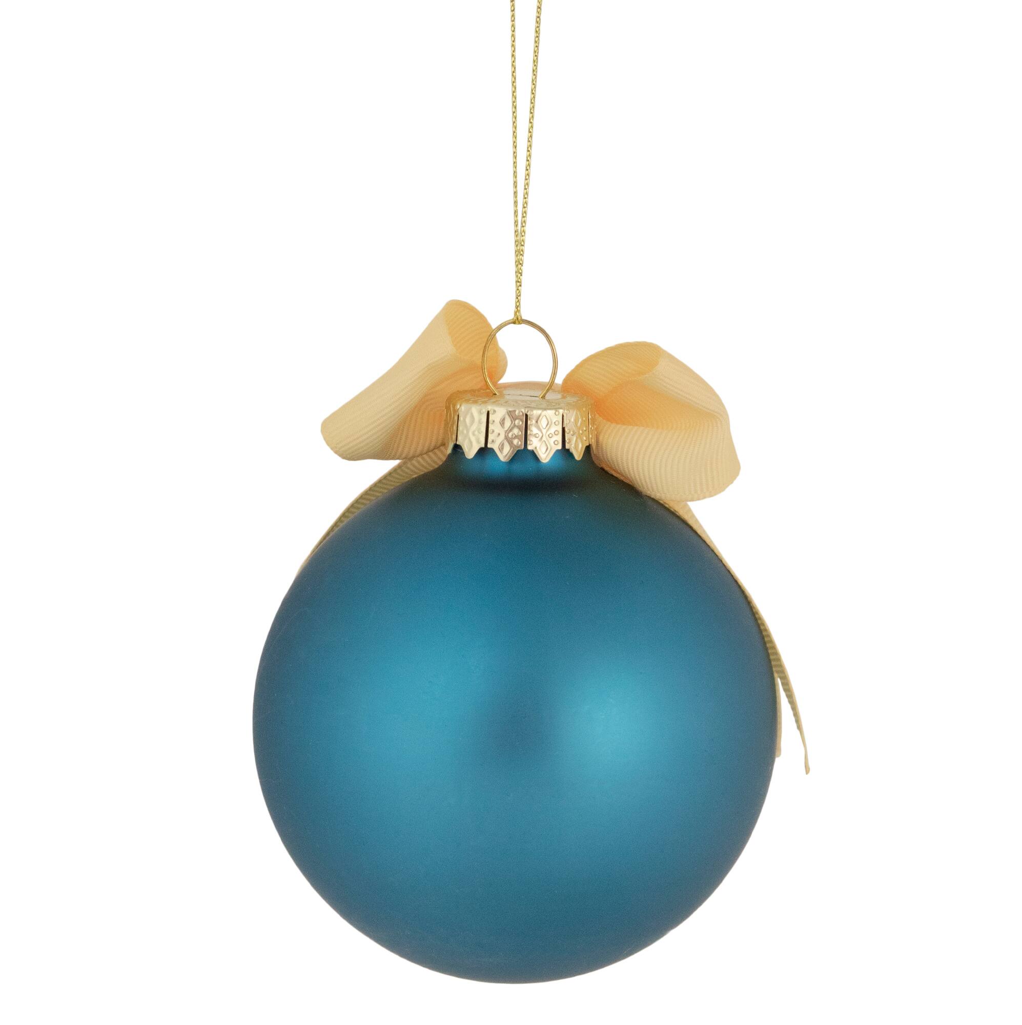 3" Matte Blue Ford The Universal Car with Beige Ribbon Glass Ball Ornament