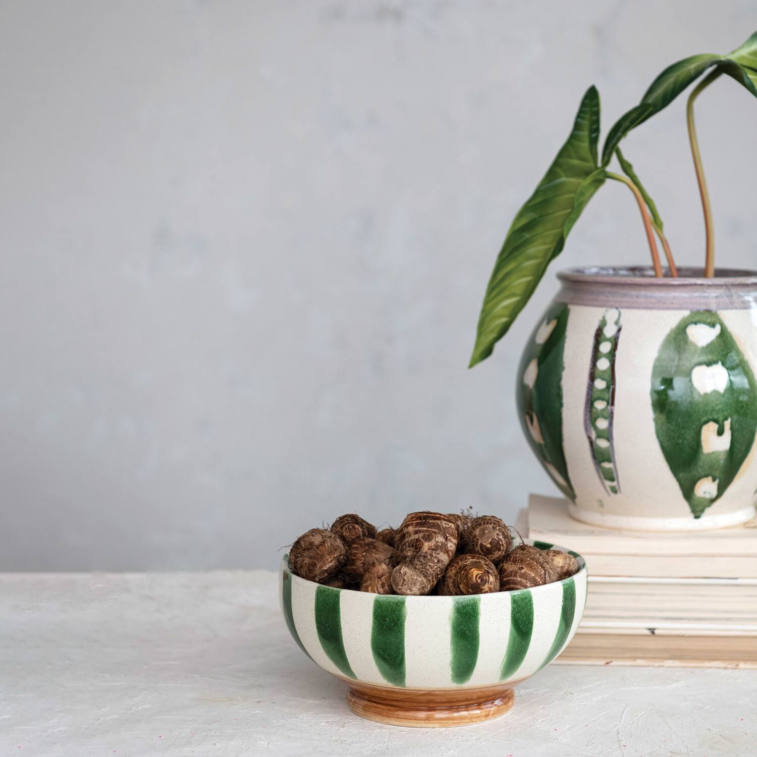 10.5&#x22; Round Hand-Painted Stoneware Footed Bowl with Stripes &#x26; Reactive Glaze