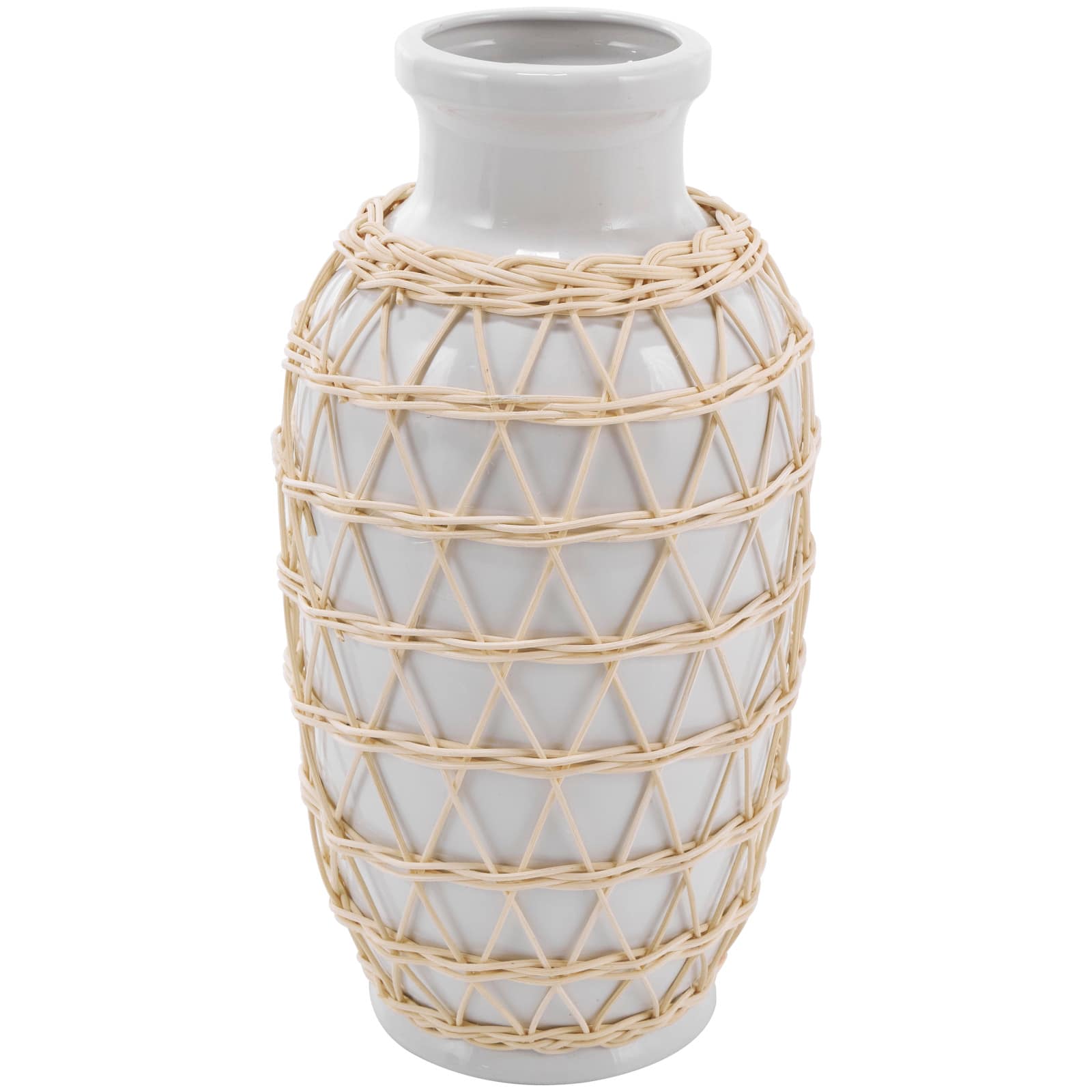 14" White Ceramic Vase with Woven Rattan Exterior
