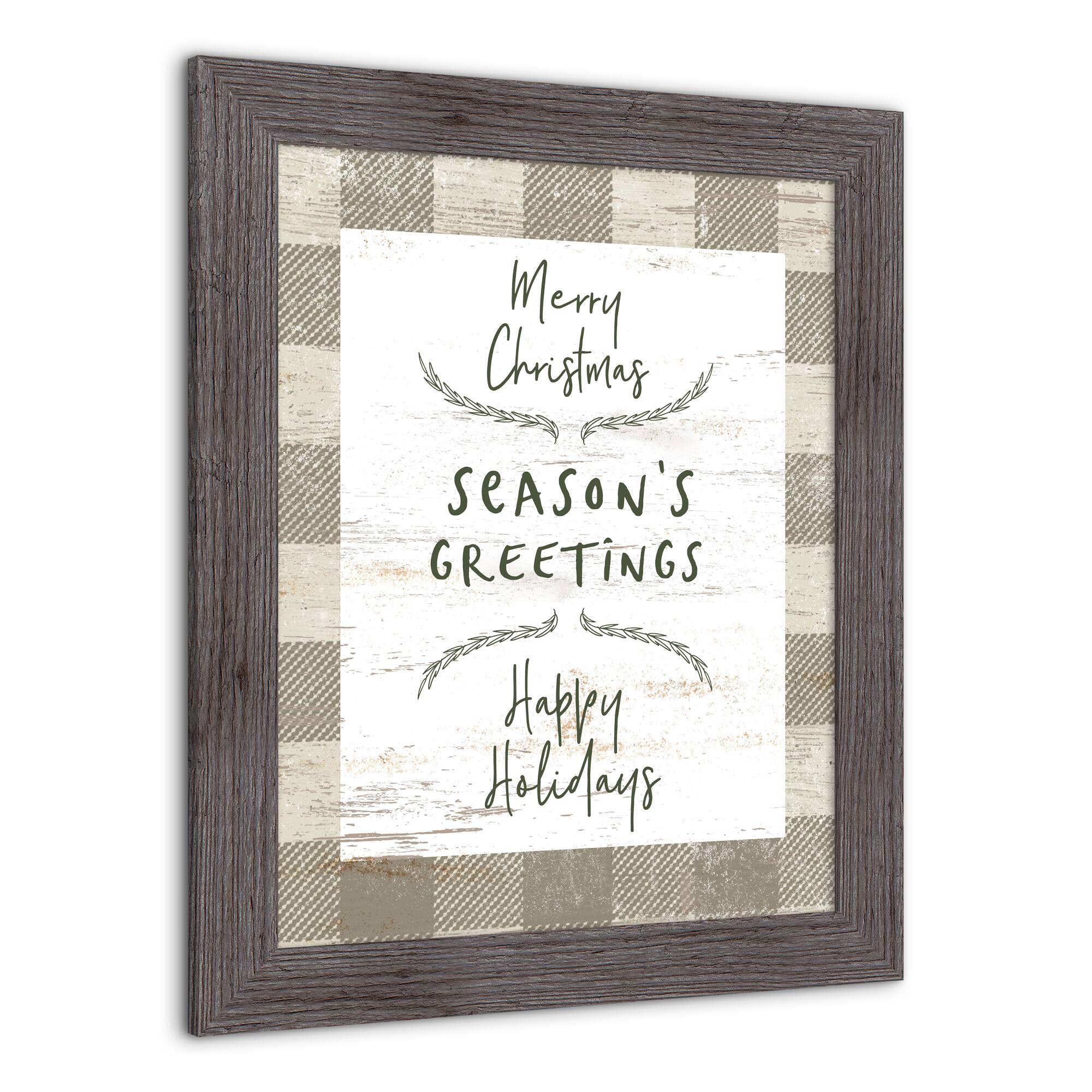 Taupe Buffalo Check Holiday Phrases Print in Western Gray Frame