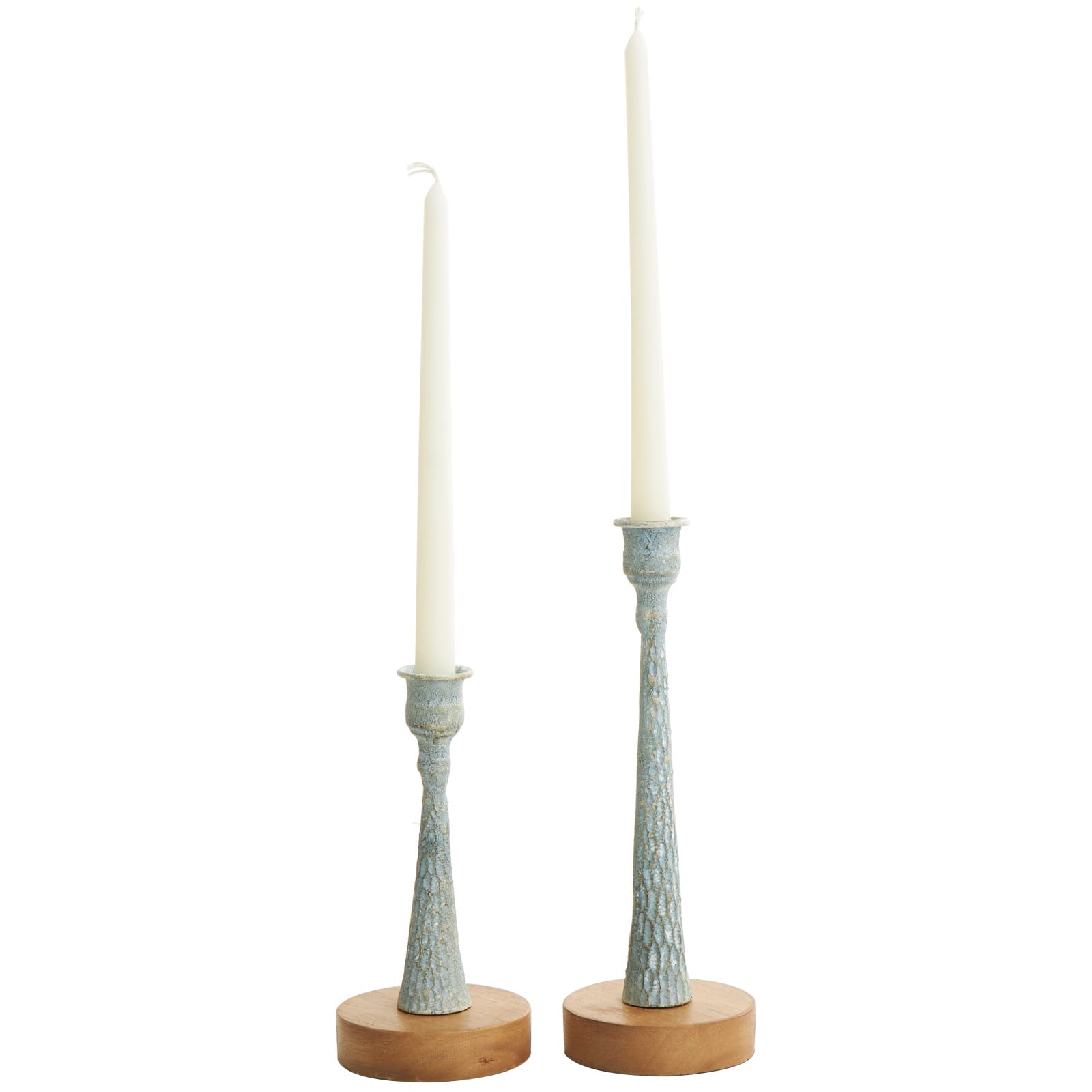Light Blue Metal Textured Tapered Candle Holder Set
