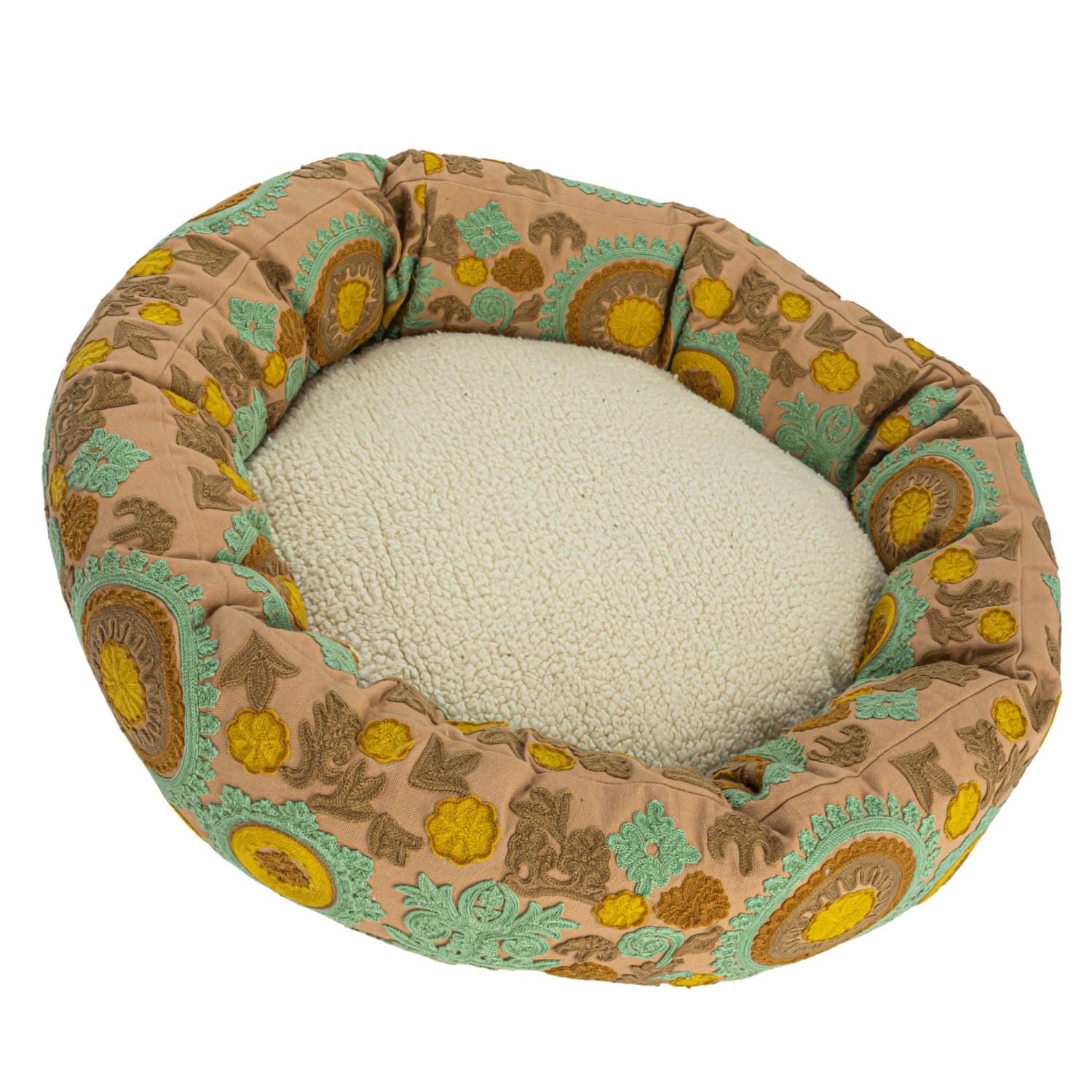 24" Taupe, Green & Mint Round Floral Cotton & Sherpa Pet Bed