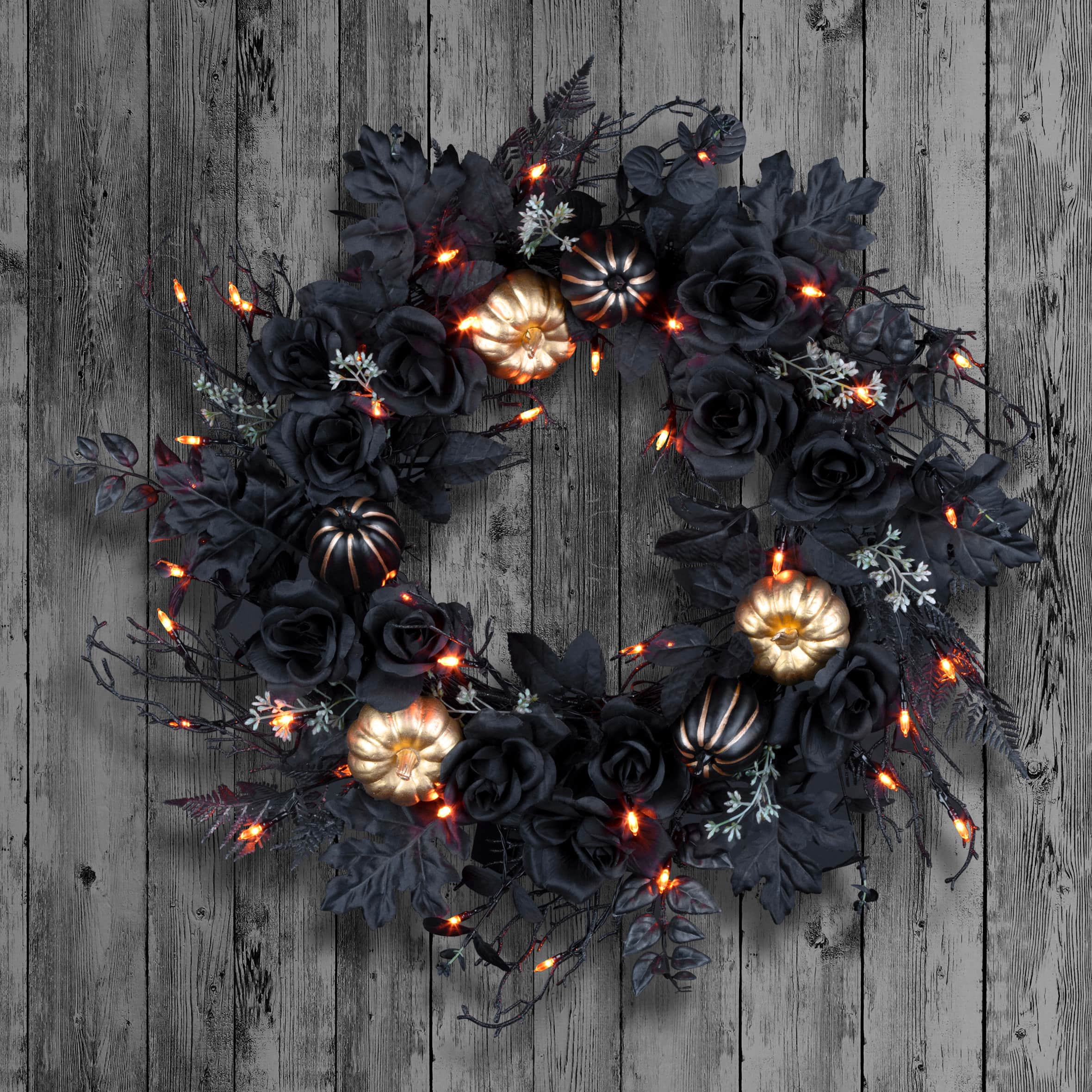 24" Chic Eek Black Flower & Pumpkin Halloween Pre-Lit LED Wreath