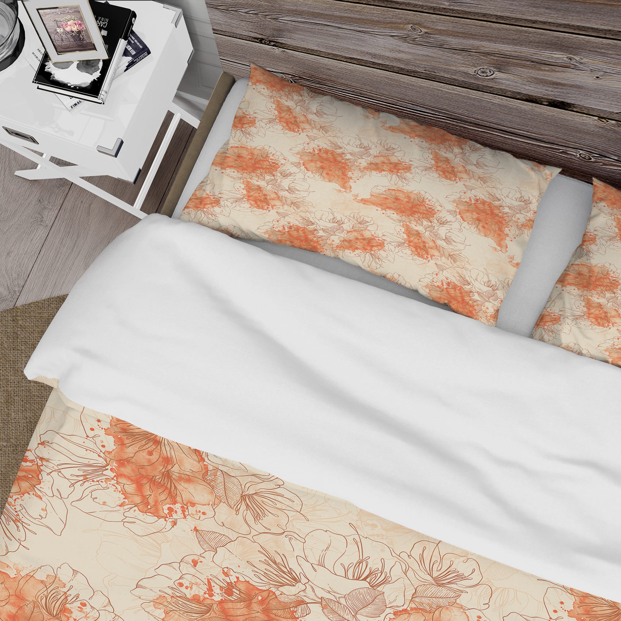 Designart &#x27;Handdrawn Asian Flowers with Orange Watercolor&#x27; Floral Bedding Set - Duvet Cover &#x26; Shams