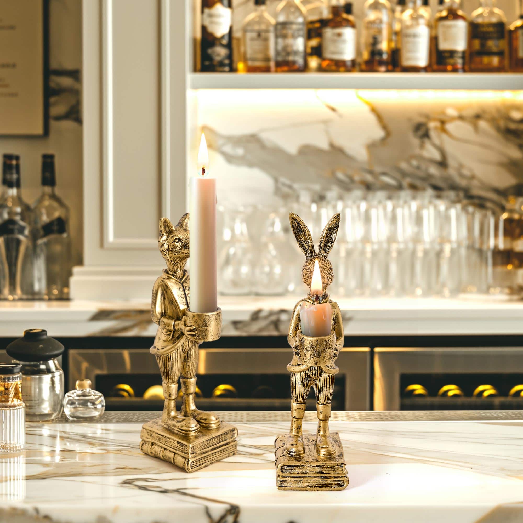 American Art Decor The Fox and Rabbit Gold Resin Tabletop Bar Decor - 8&#x22; x 2.25&#x22; x 2.25&#x22;, 8.75&#x22; x 2&#x22; x 2.25&#x22;