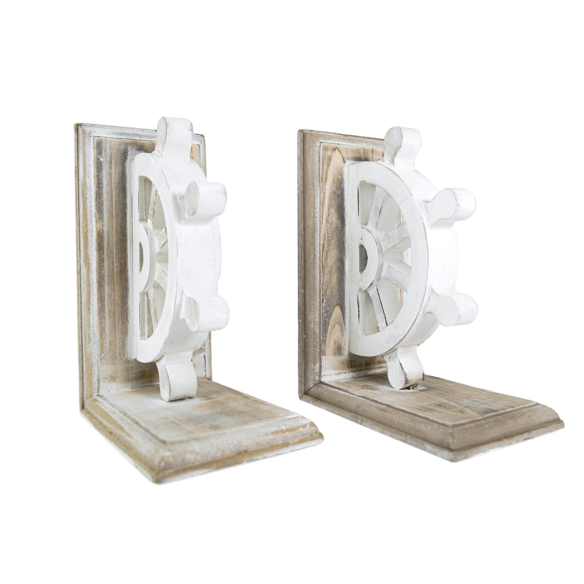 Distressed Vintage Nautical Wheel Wood Bookends (Set of 2)