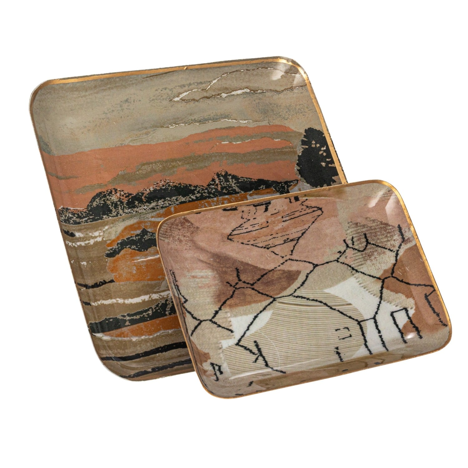 Earthy Landscape &#x26; Abstract Enameled Metal Tray Set