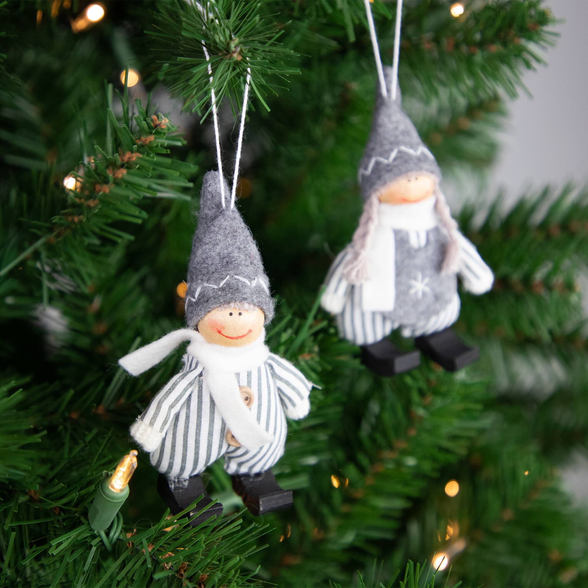 5.5&#x22; Gray &#x26; White Plush Twin Christmas Ornament Set