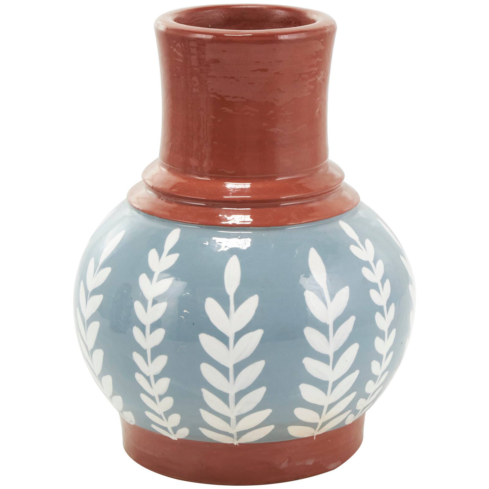 9" Blue Ceramic Floral Vase with Terracotta & White Detailing Set