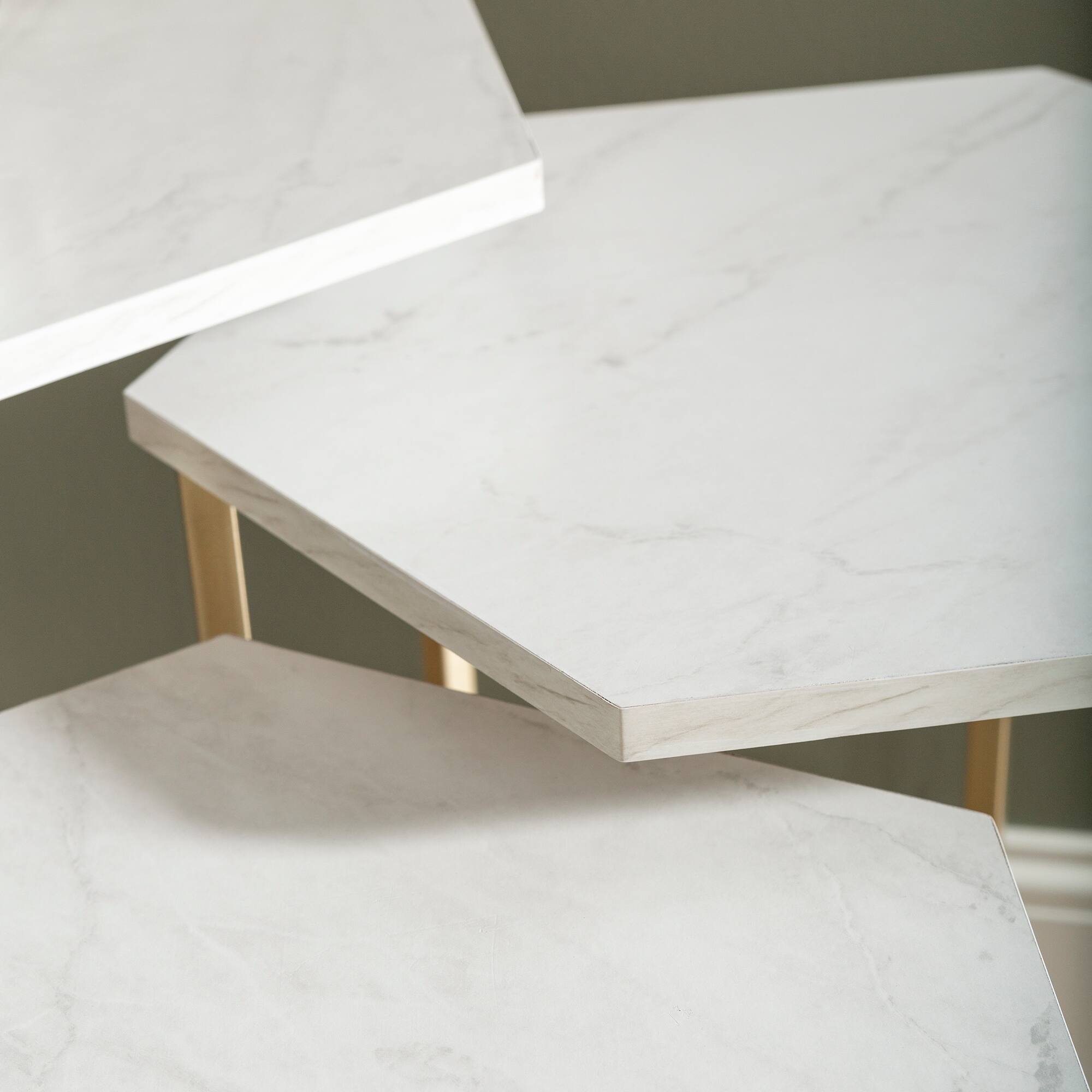 Walker Edison Faux White Marble/Gold Hexagon Modern Nesting Tables Set