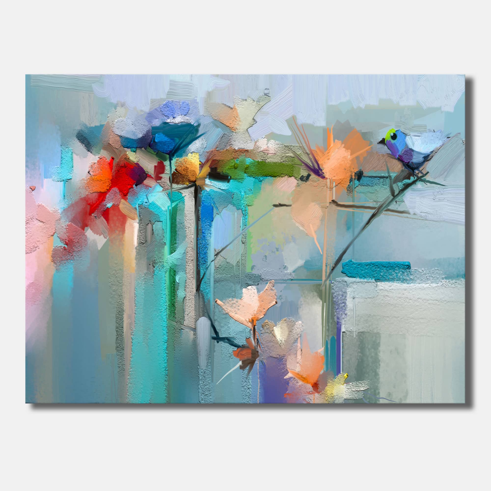 Designart - Abstract Red Blue And Pink Flowers - Farmhouse Canvas Wall Art Print
