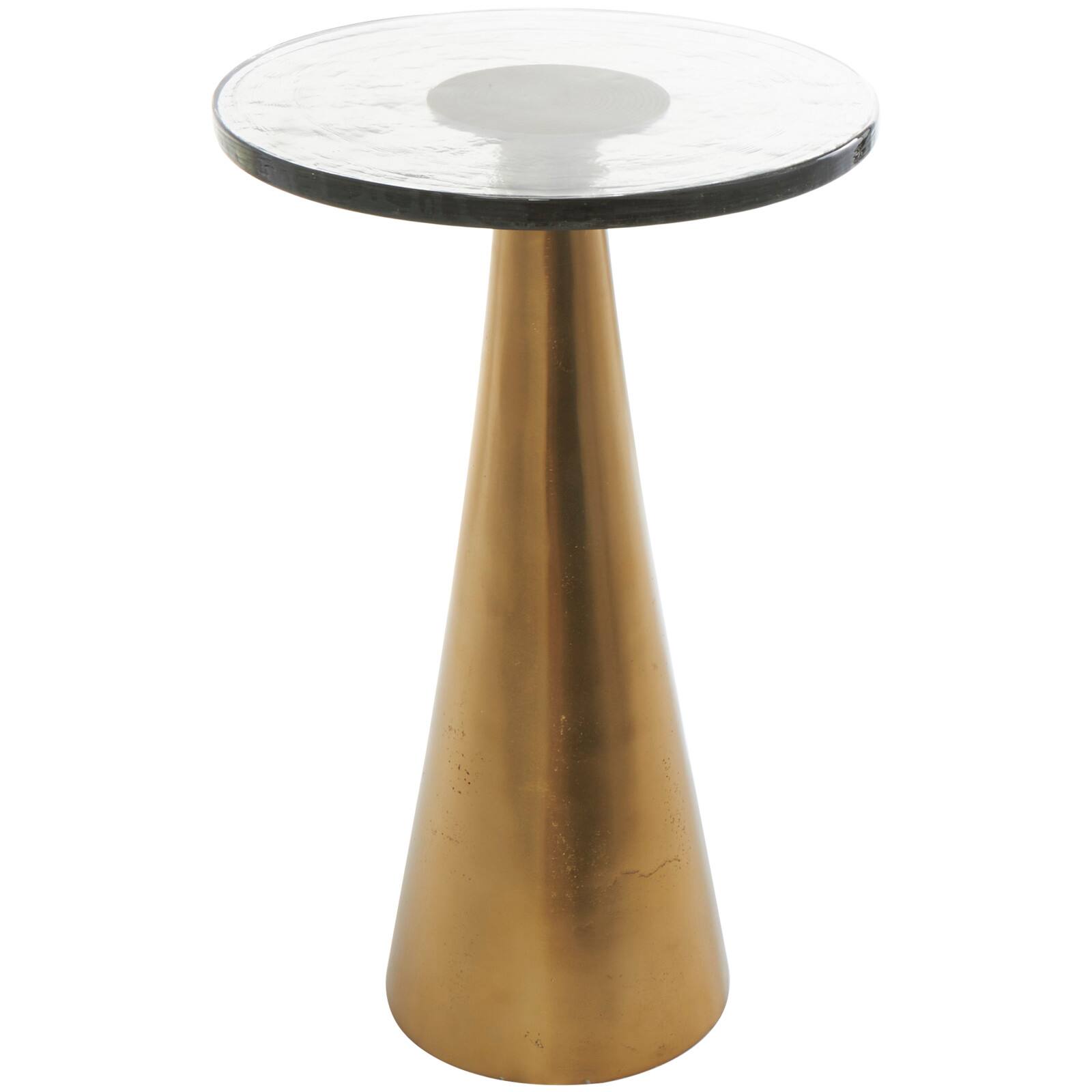 22&#x22; Gold Aluminum Geometric Cone Accent Table with Glass Tabletop
