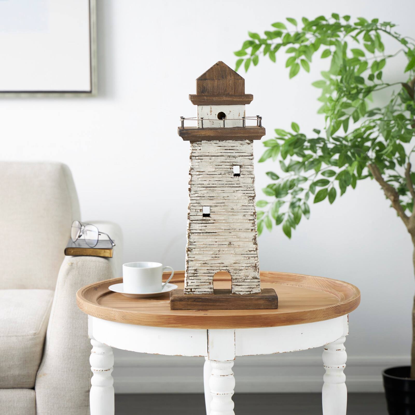 20" Cream Wood Lighthouse Distressed Sculpture