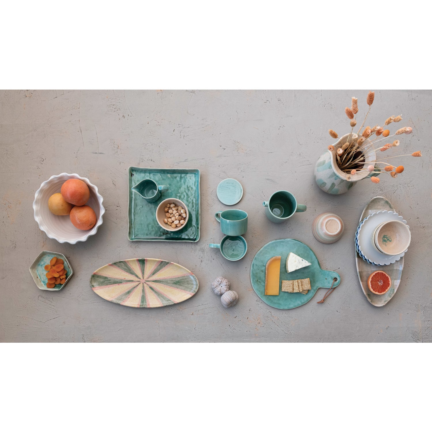 13.75" Aqua Round Stoneware Cheese Board with Leather Tie