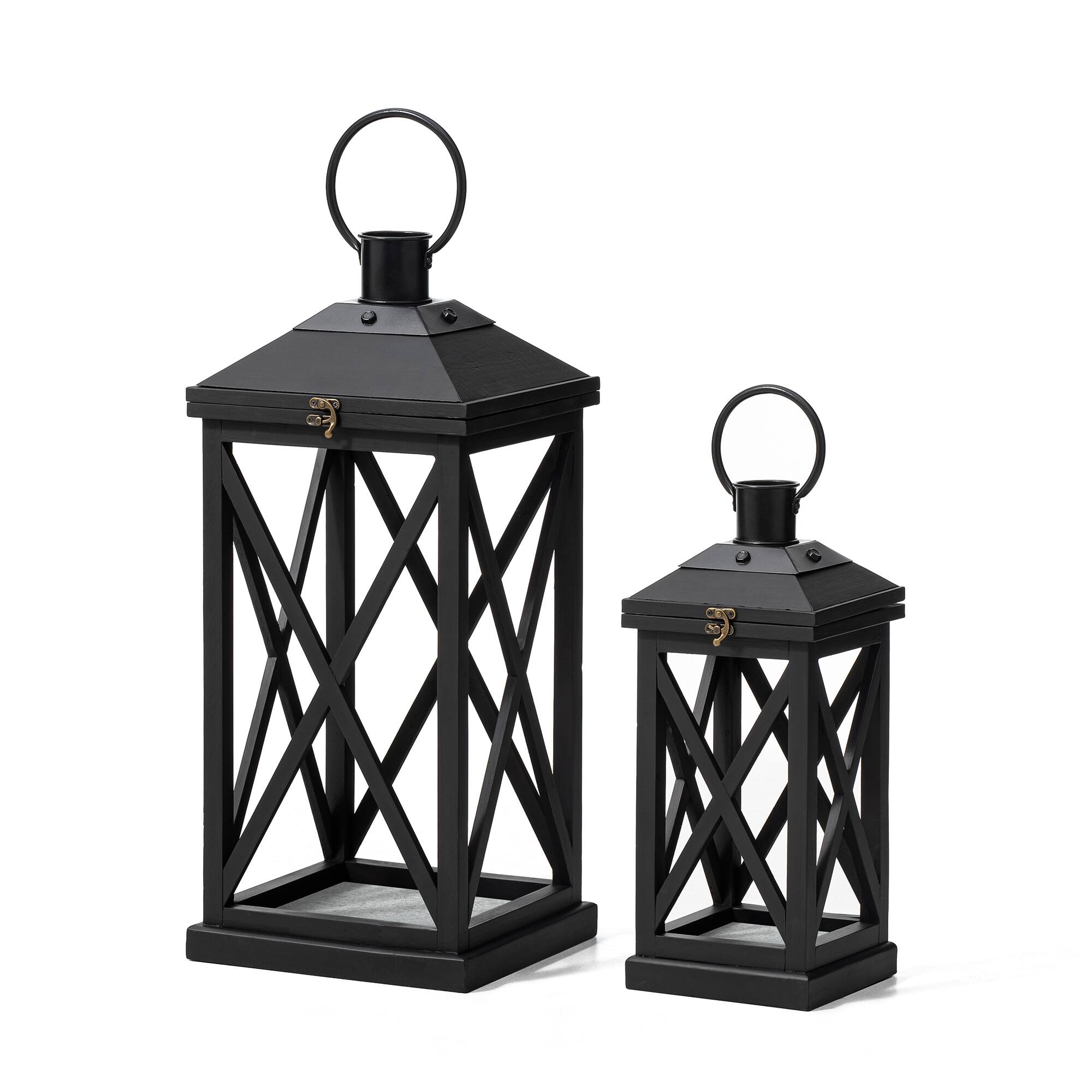 Glitzhome® Black Farmhouse Wood & Metal Lanterns Set
