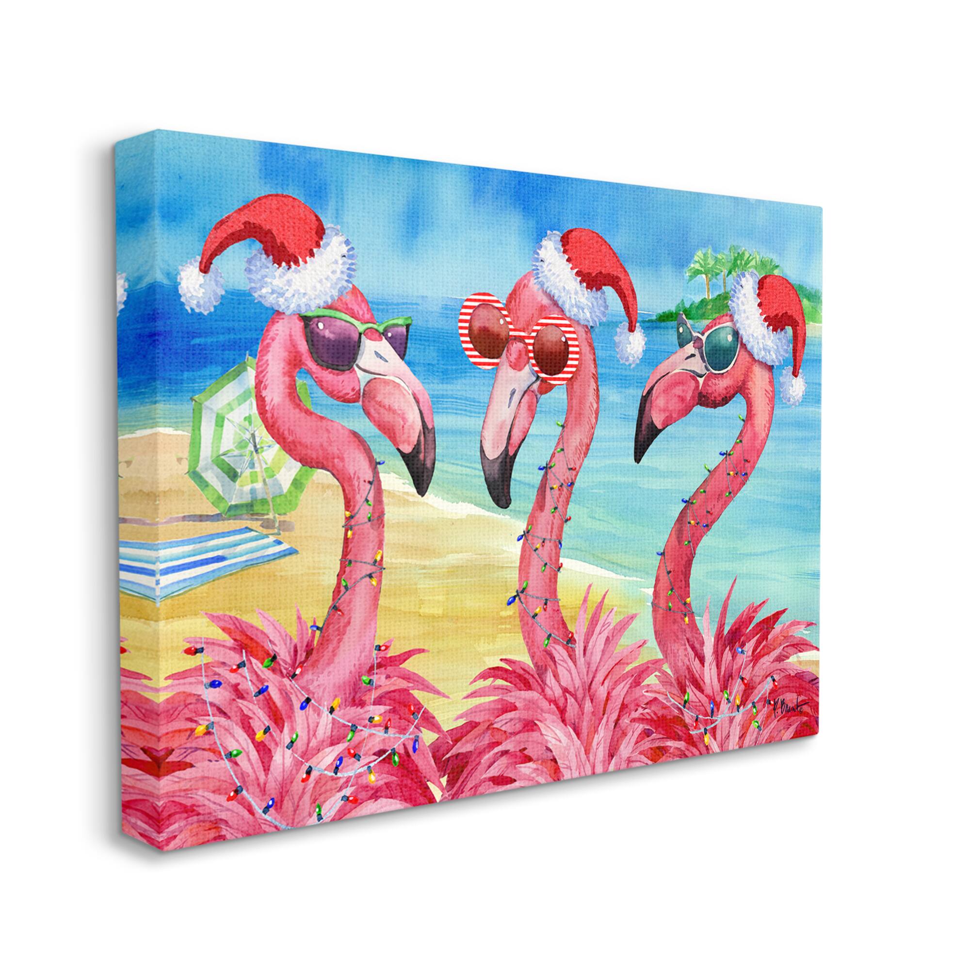 Stupell Industries Holiday Lights Flamingos Beach Canvas Wall Art