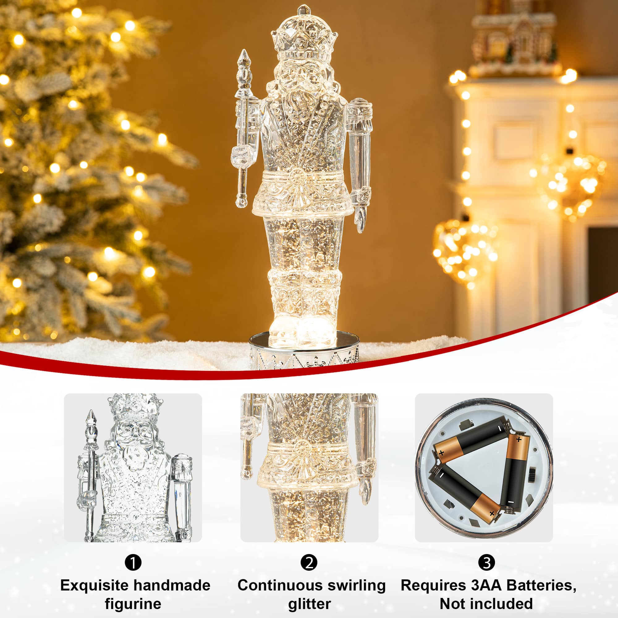 Glitzhome® 12.5" Lighted Acrylic Crystal Nutcracker Figurine Waterglobe