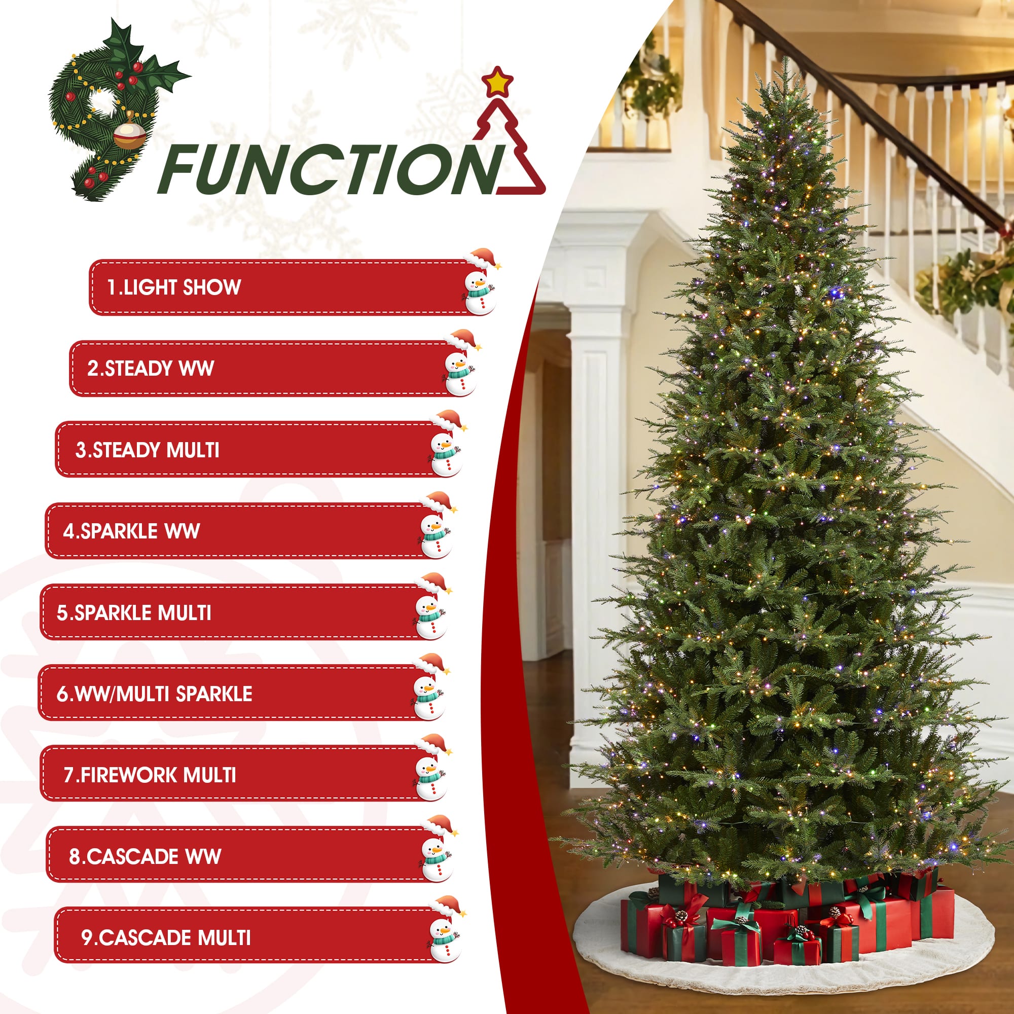 Glitzhome&#xAE; 11ft Pre-Lit Green Full Fir Artificial Christmas Tree, Multicolor LED Lights