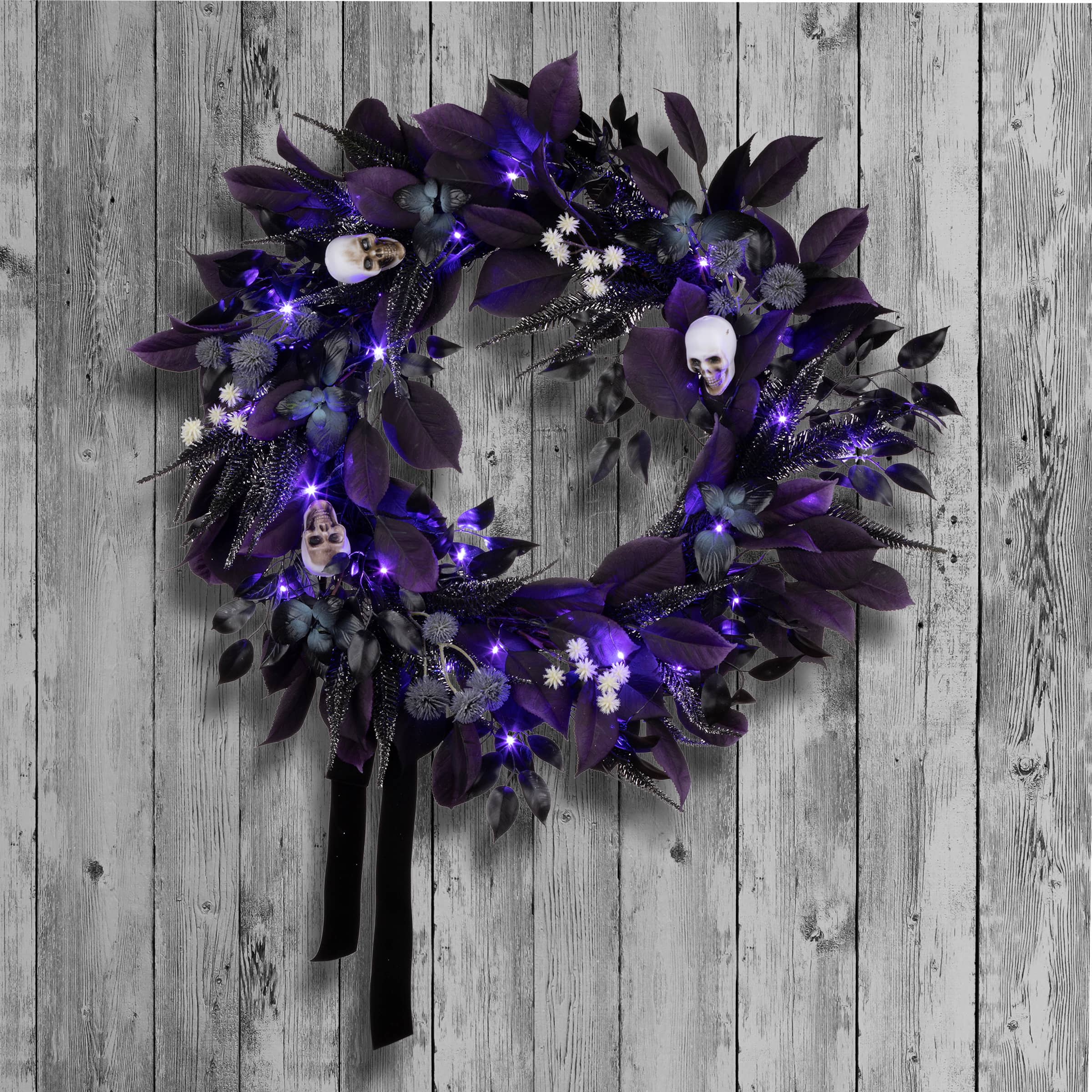 26&#x22; Floral Mini Skulls Pre-Lit LED Wreath