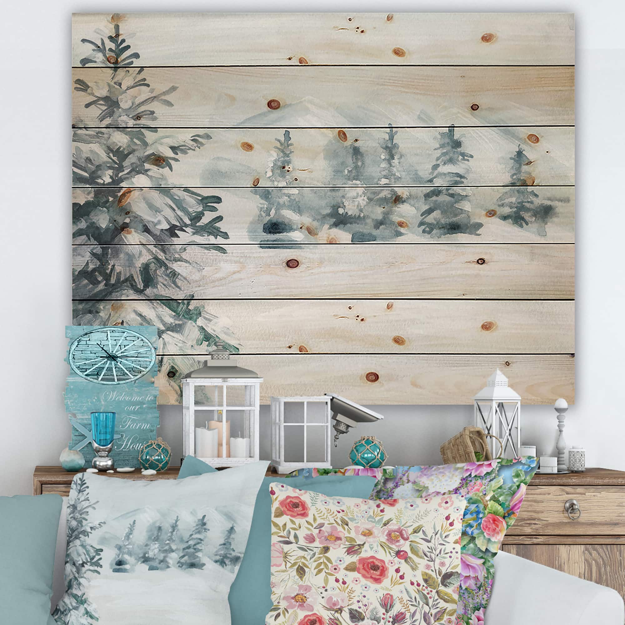 Designart - Snowy Pine Trees - Traditional Print on Natural Pine Wood