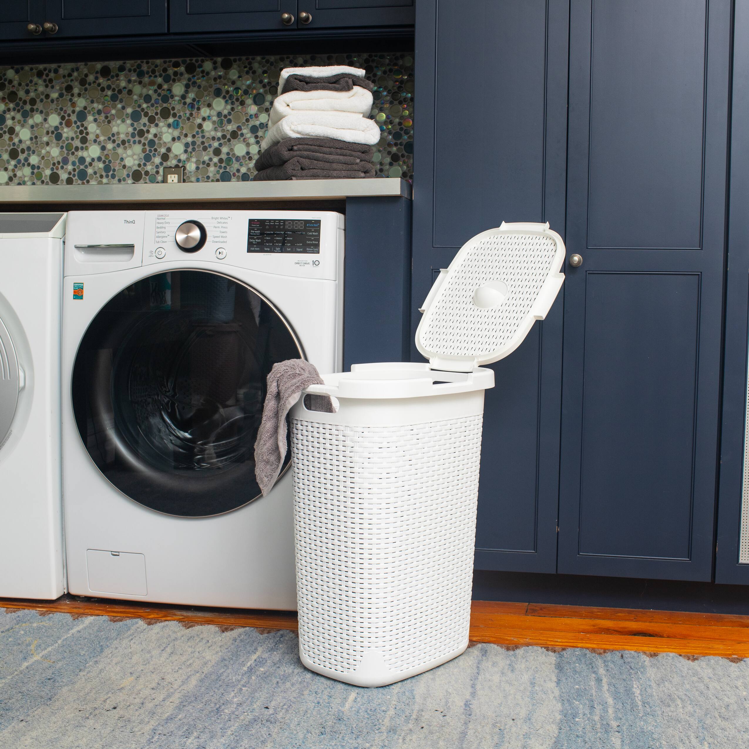 Mind Reader 60L Ventilated Slim Laundry Hamper with Cut Out Handles & Attached Hinged Lid, 2ct.