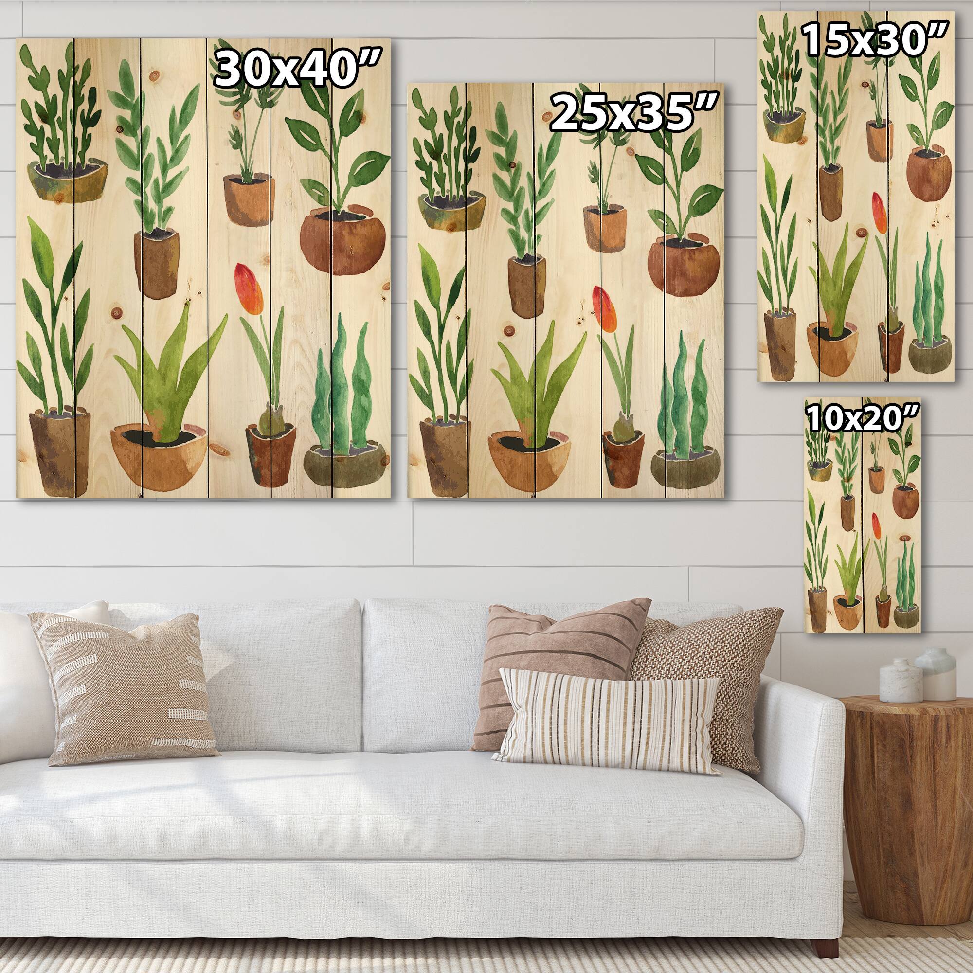 Designart - Eight Potted House Plants - Traditional Print on Natural Pine Wood