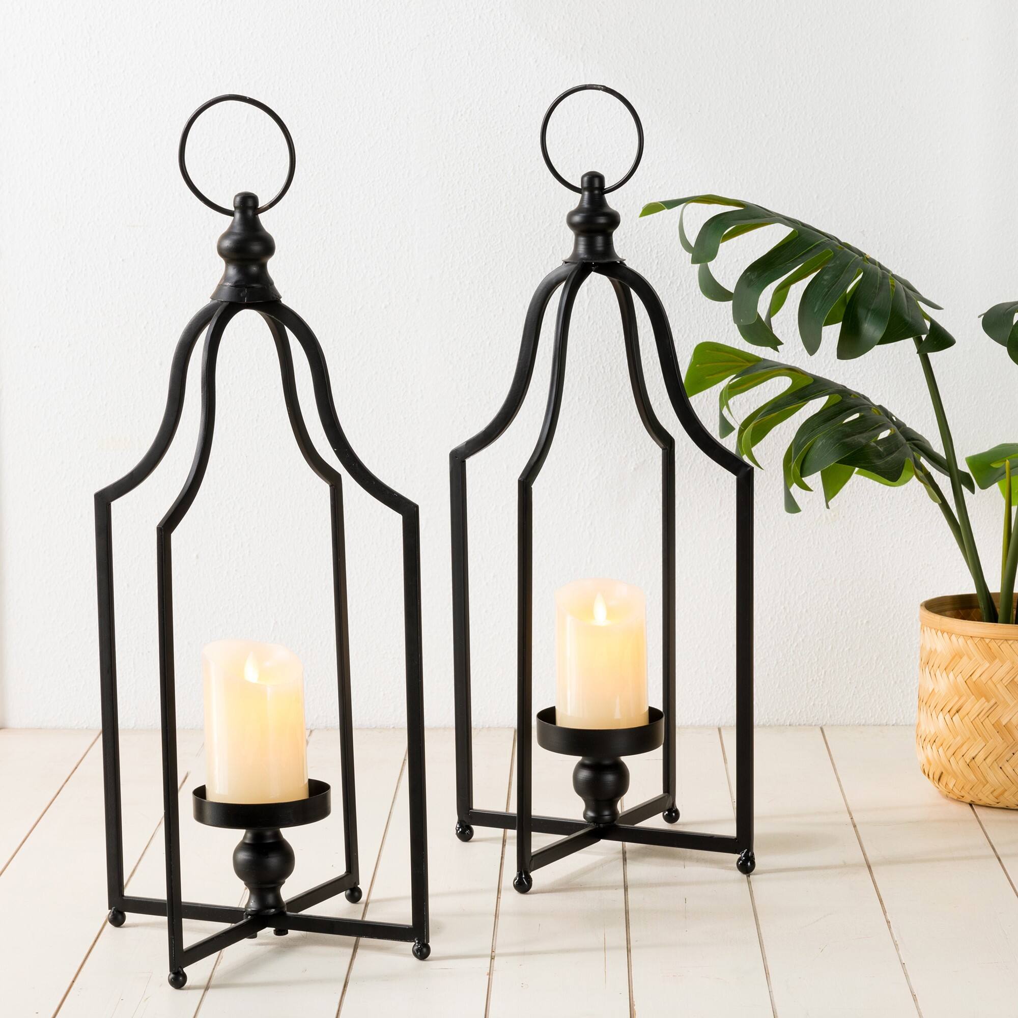 22" Modern Farmhouse Black Metal Candle Lantern Set