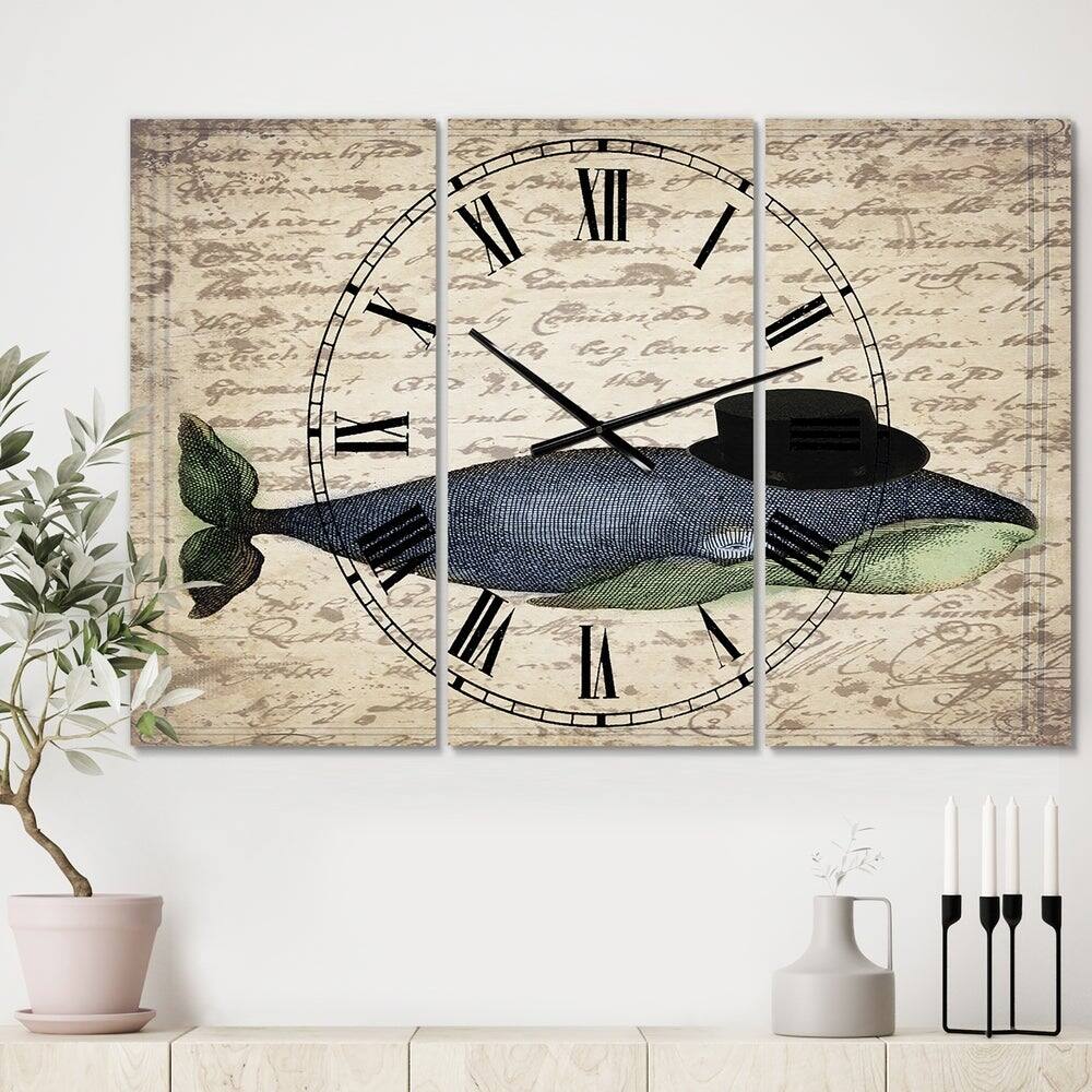 Designart Old Style Whale With Hat Oversized Nautical & Coastal 3 Panel Wall Clock