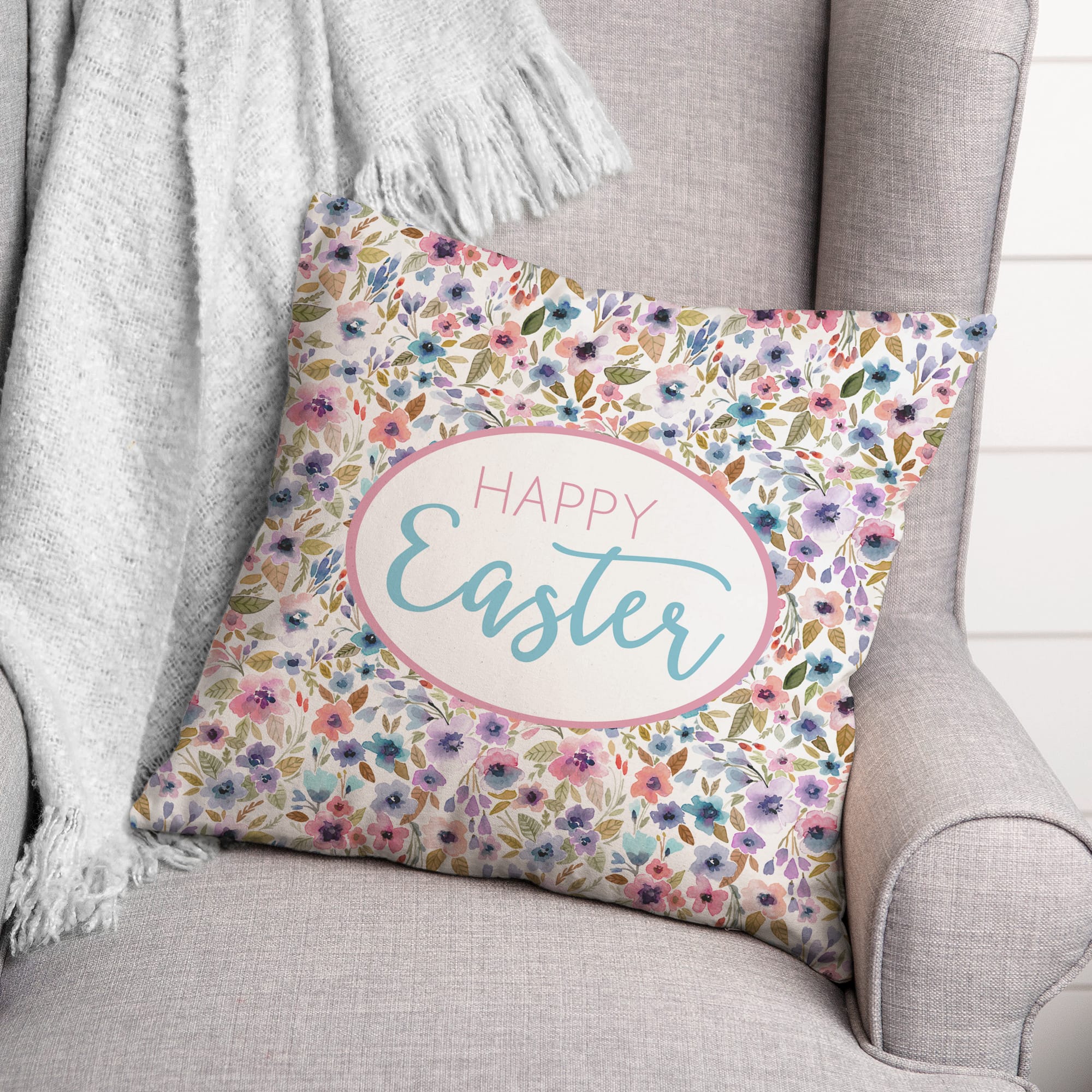 Happy Easter Floral Pattern Throw Pillow