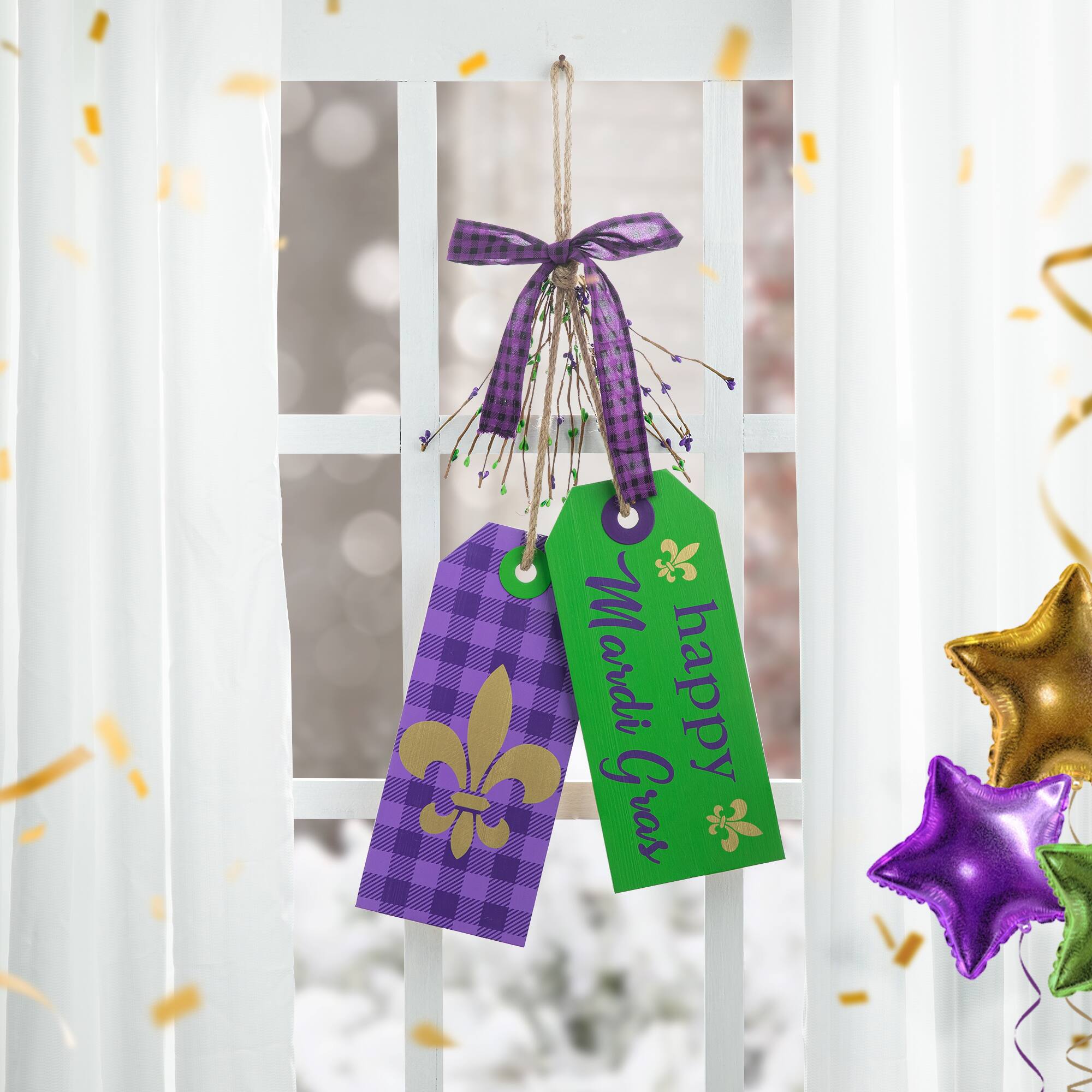 Glitzhome® 25.5" Happy Mardi Gras Day Wooden Bookmark Door Hanger