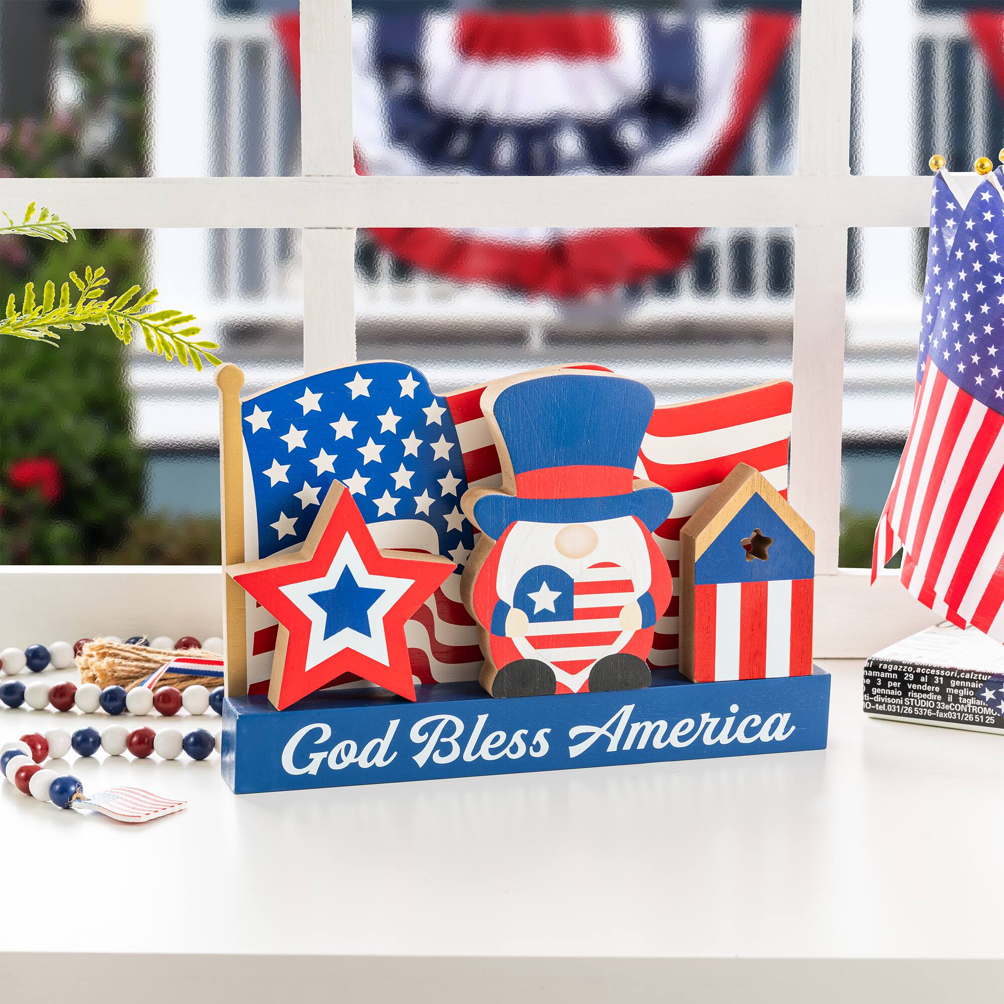 Glitzhome® 11.75" Patriotic Americana Wooden Block Table Decor