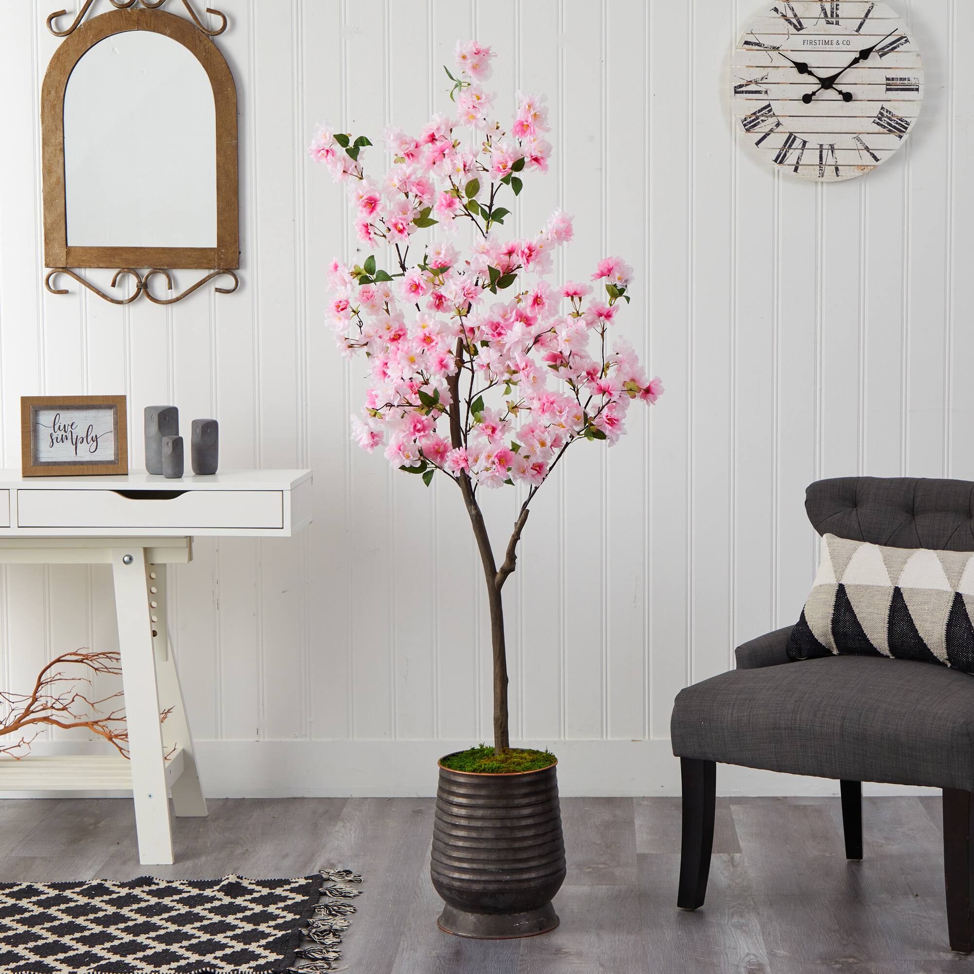 5.5ft. Cherry Blossom Tree in Ribbed Metal Planter