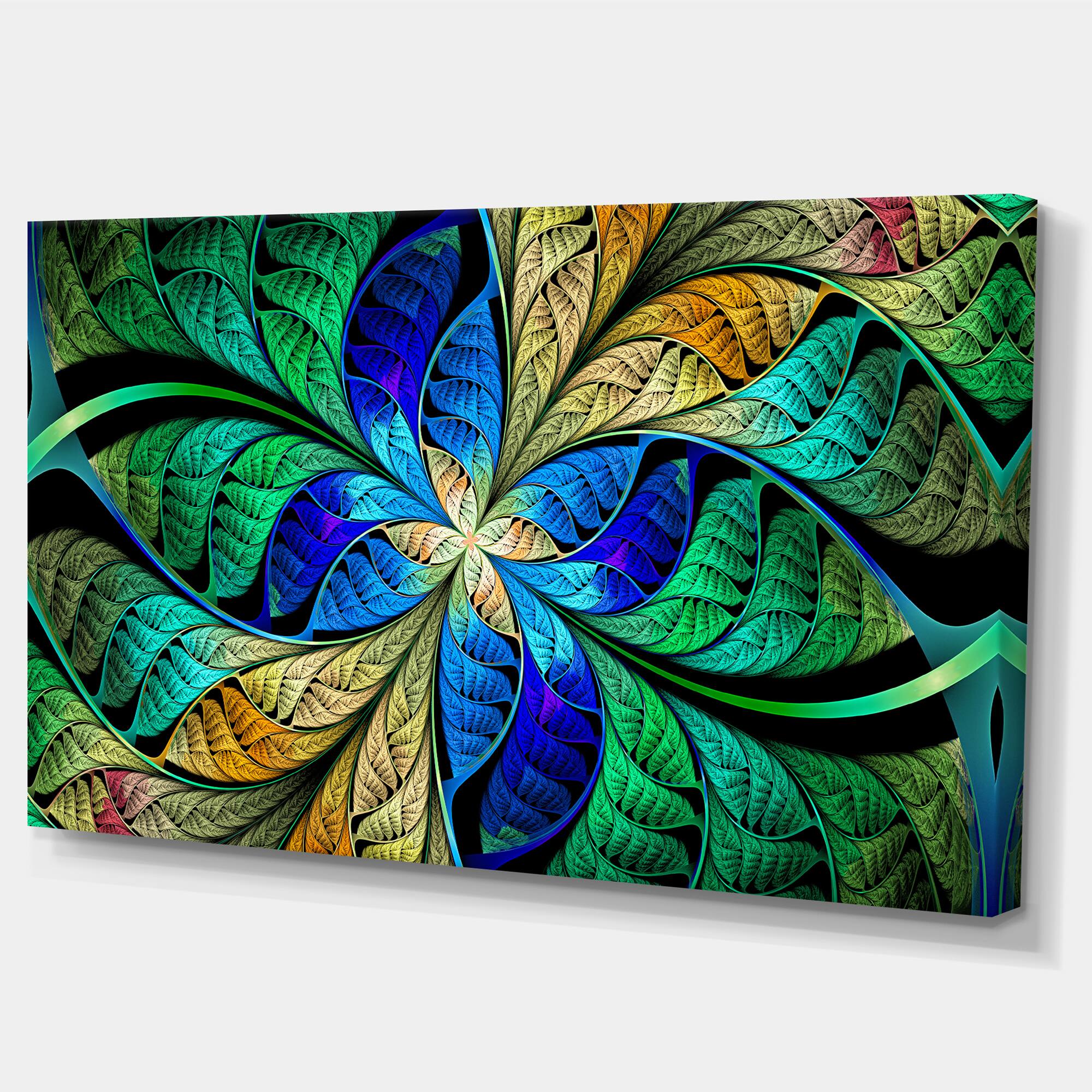 Designart - Blue Green Fractal Flower Petals - Abstract Canvas Art Print