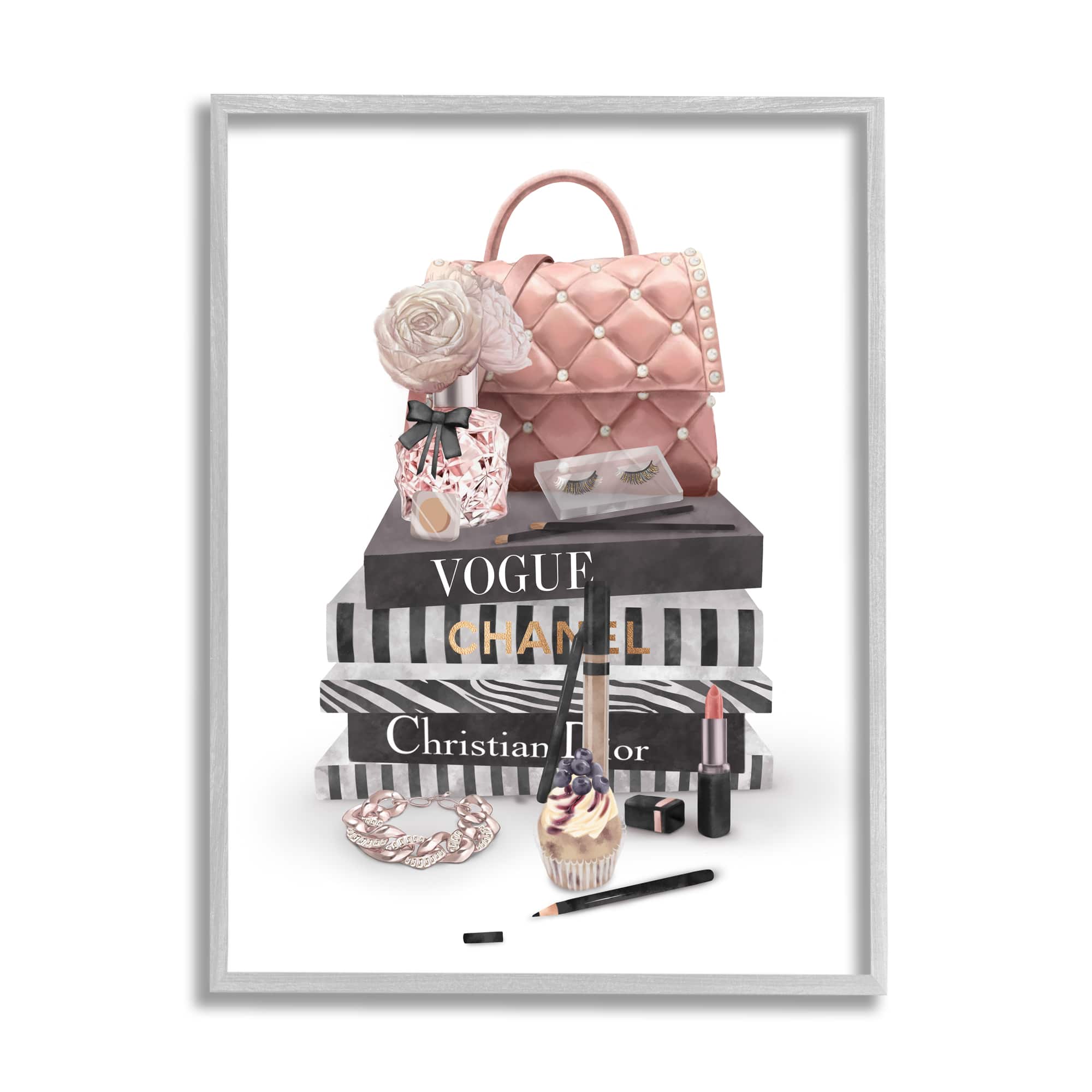 Stupell Industries Fashion Bookstack Purse Perfume Pink Glam Design Framed Wall Art