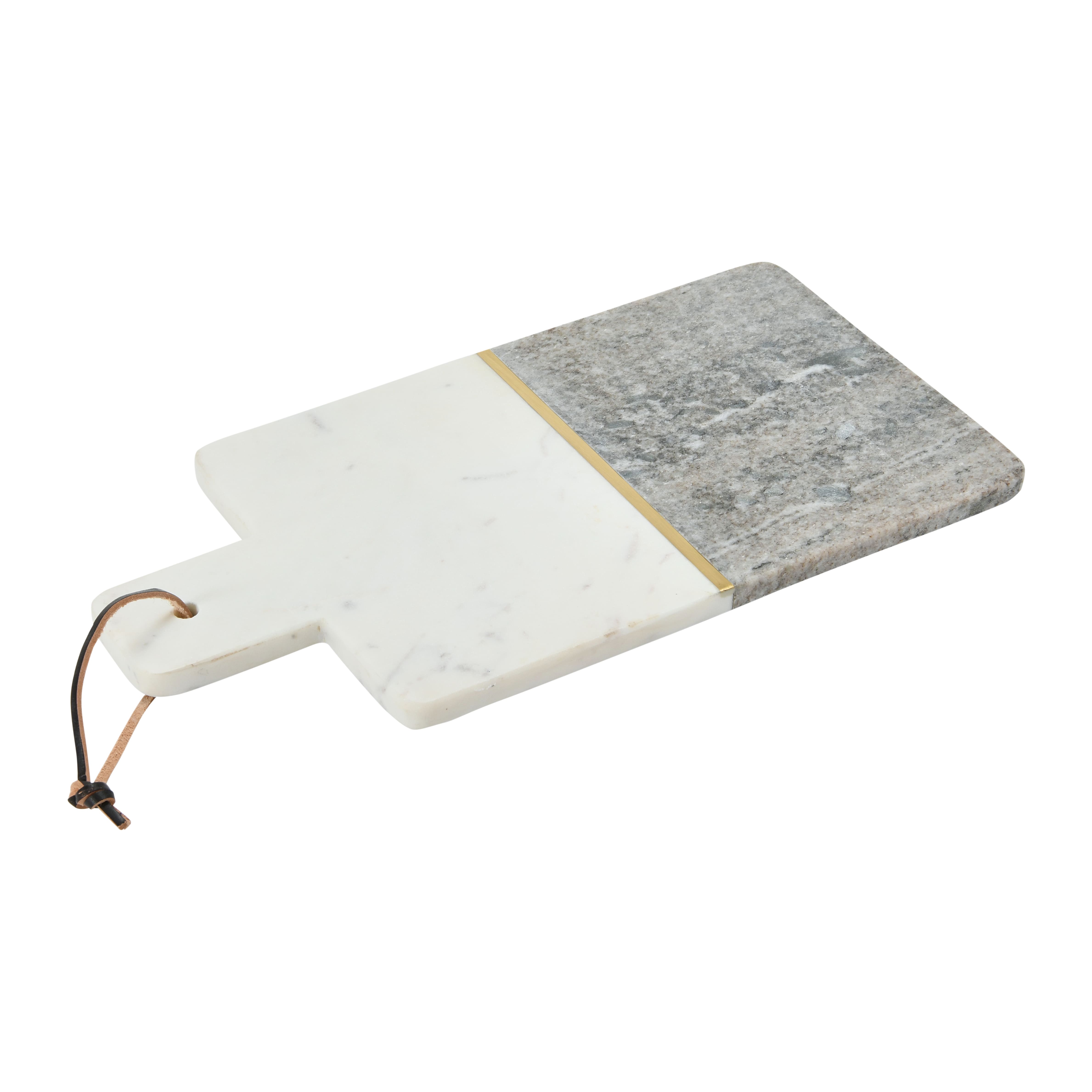 15&#x22; Gray and White Boho 2-Tone Marble Charcuterie or Cutting Board with Brass Inlay and Leather Tie