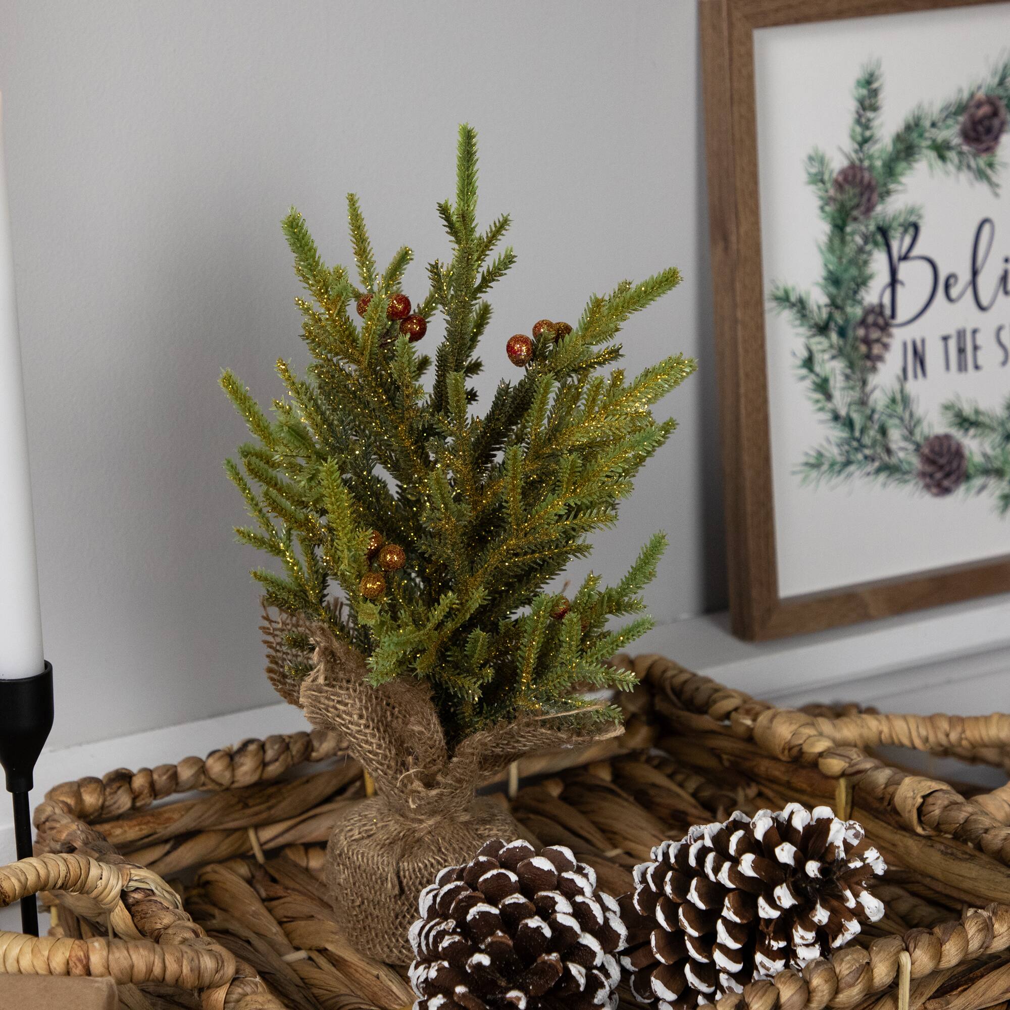 12" Unlit Pine with Berries Artificial Christmas Tree in Burlap Base
