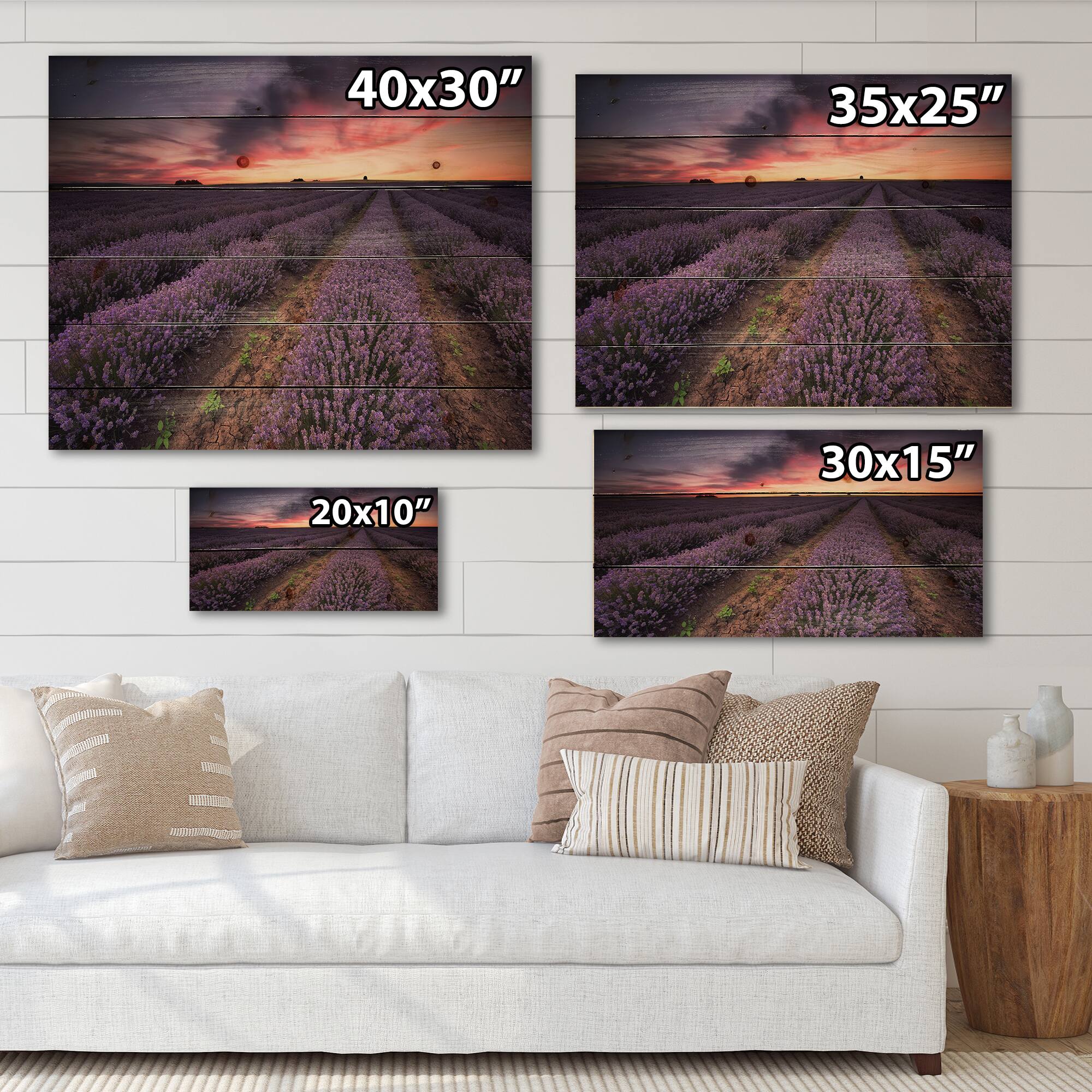 Designart - Sunrise &#x26; Dramatic Clouds Over Lavender Field IX - Farmhouse Print on Natural Pine Wood