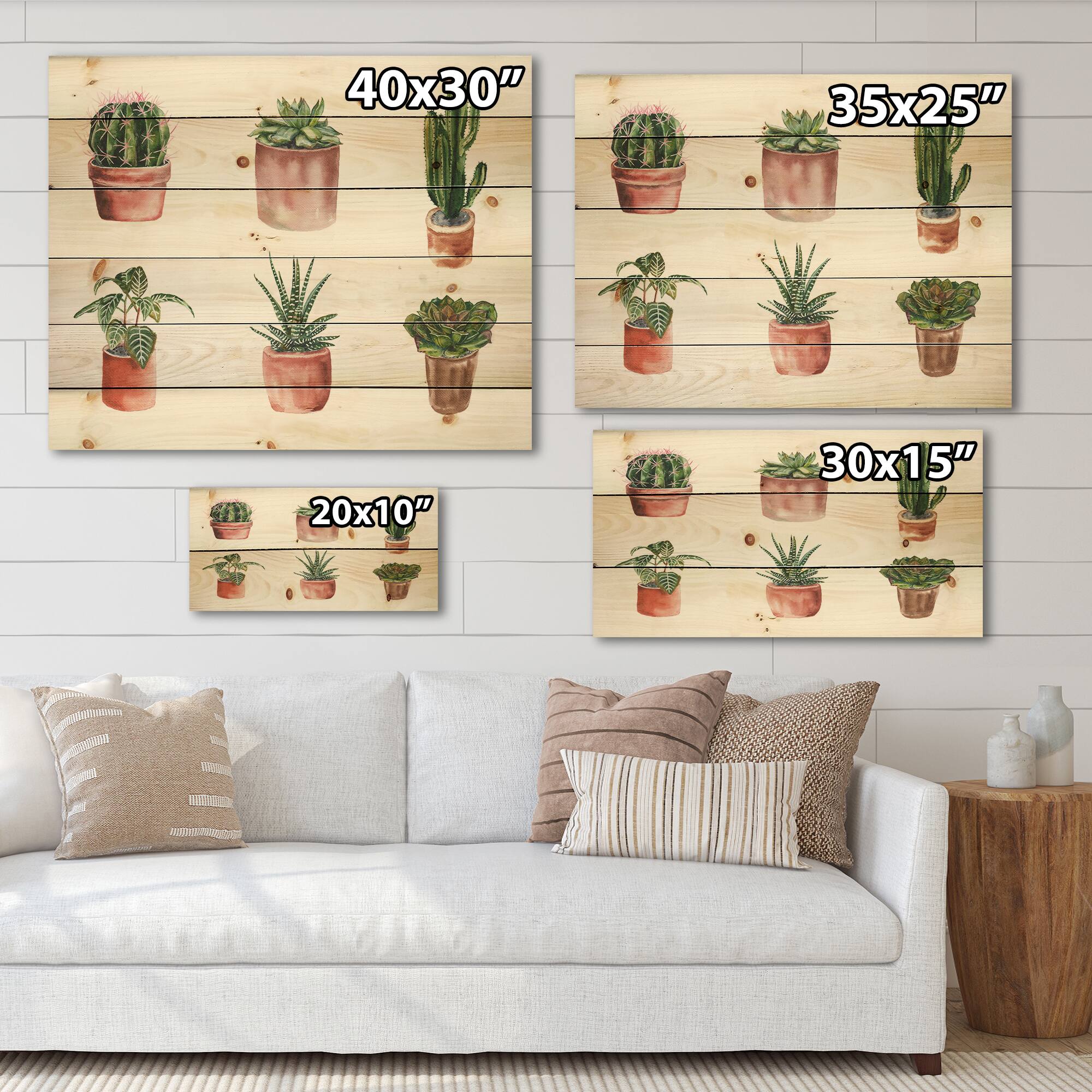 Designart - Flowers In A Pot Cacti and Succulents - Botanical Print on Natural Pine Wood