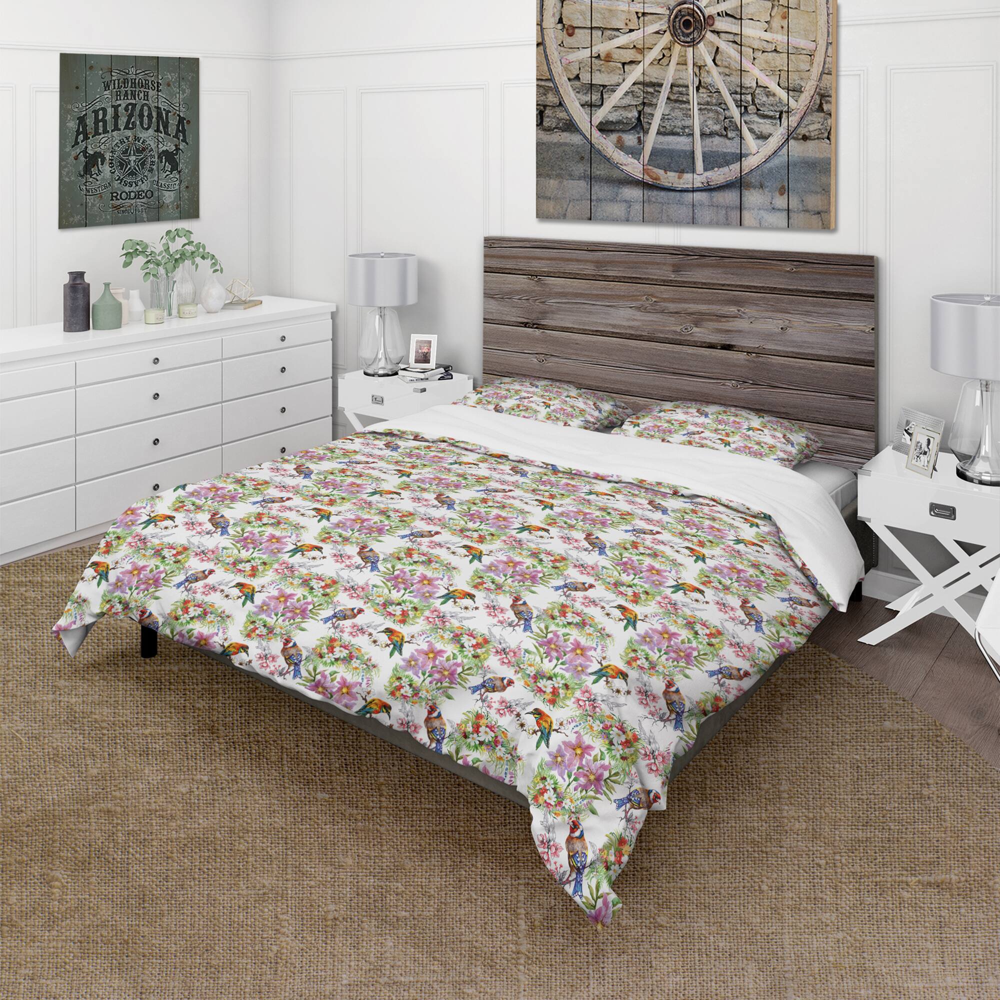 Designart &#x27;Pattern with Flowers and Birds&#x27; Cabin &#x26; Lodge Bedding Set - Duvet Cover &#x26; Shams
